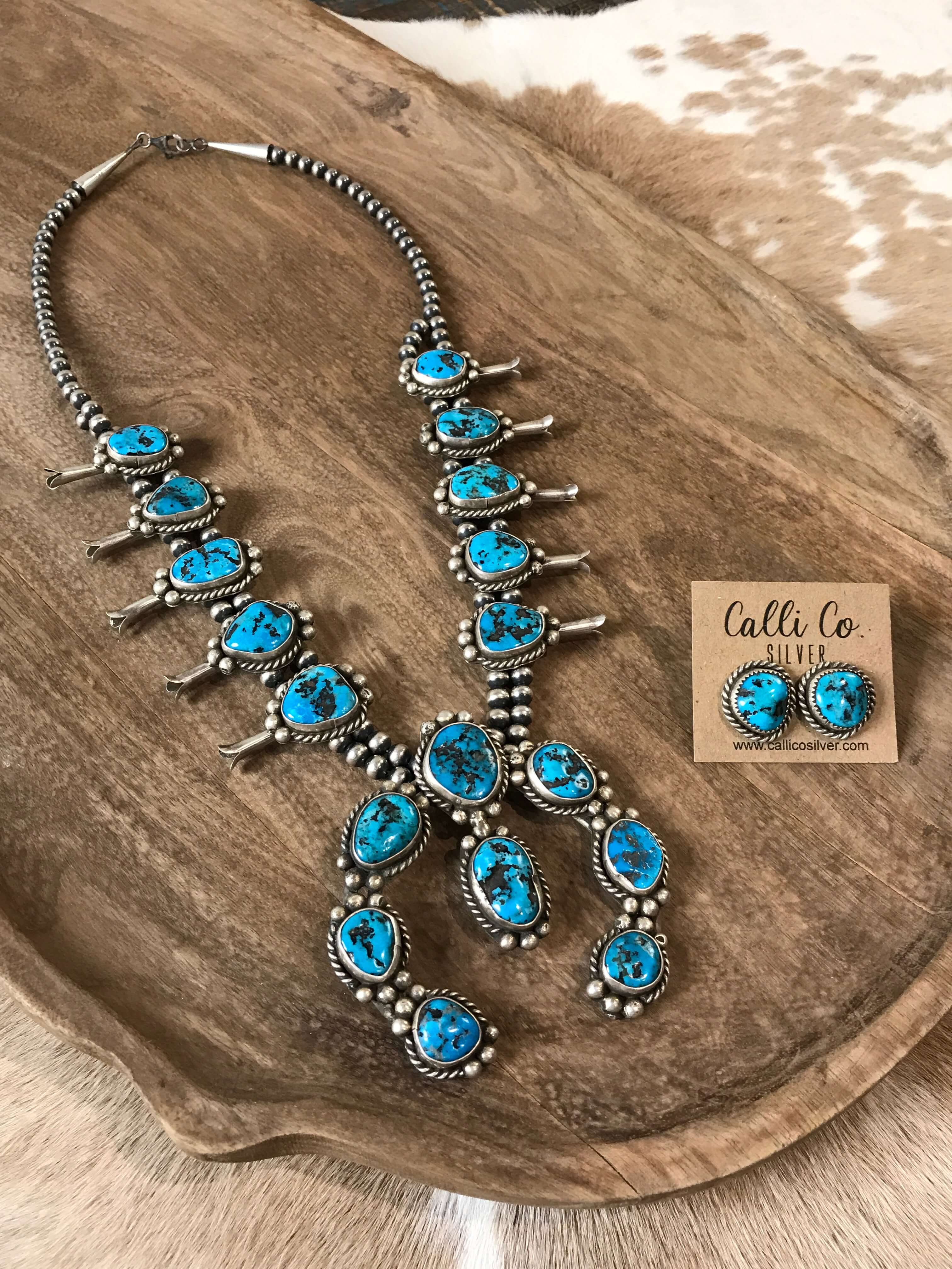 The Mascotte Squash Blossom Necklace Set-Necklaces-Calli Co., Turquoise and Silver Jewelry, Native American Handmade, Zuni Tribe, Navajo Tribe, Brock Texas