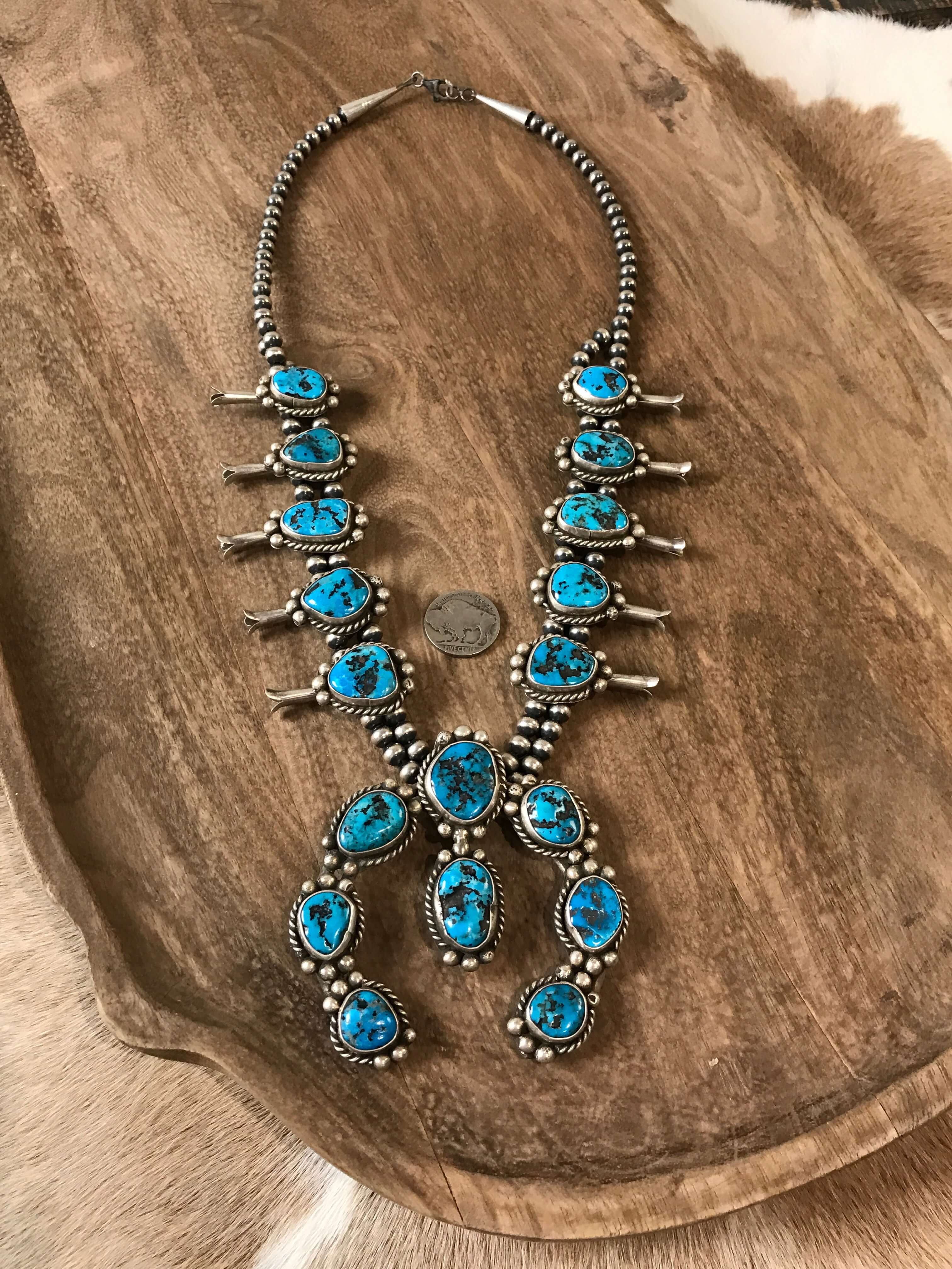 The Mascotte Squash Blossom Necklace Set-Necklaces-Calli Co., Turquoise and Silver Jewelry, Native American Handmade, Zuni Tribe, Navajo Tribe, Brock Texas