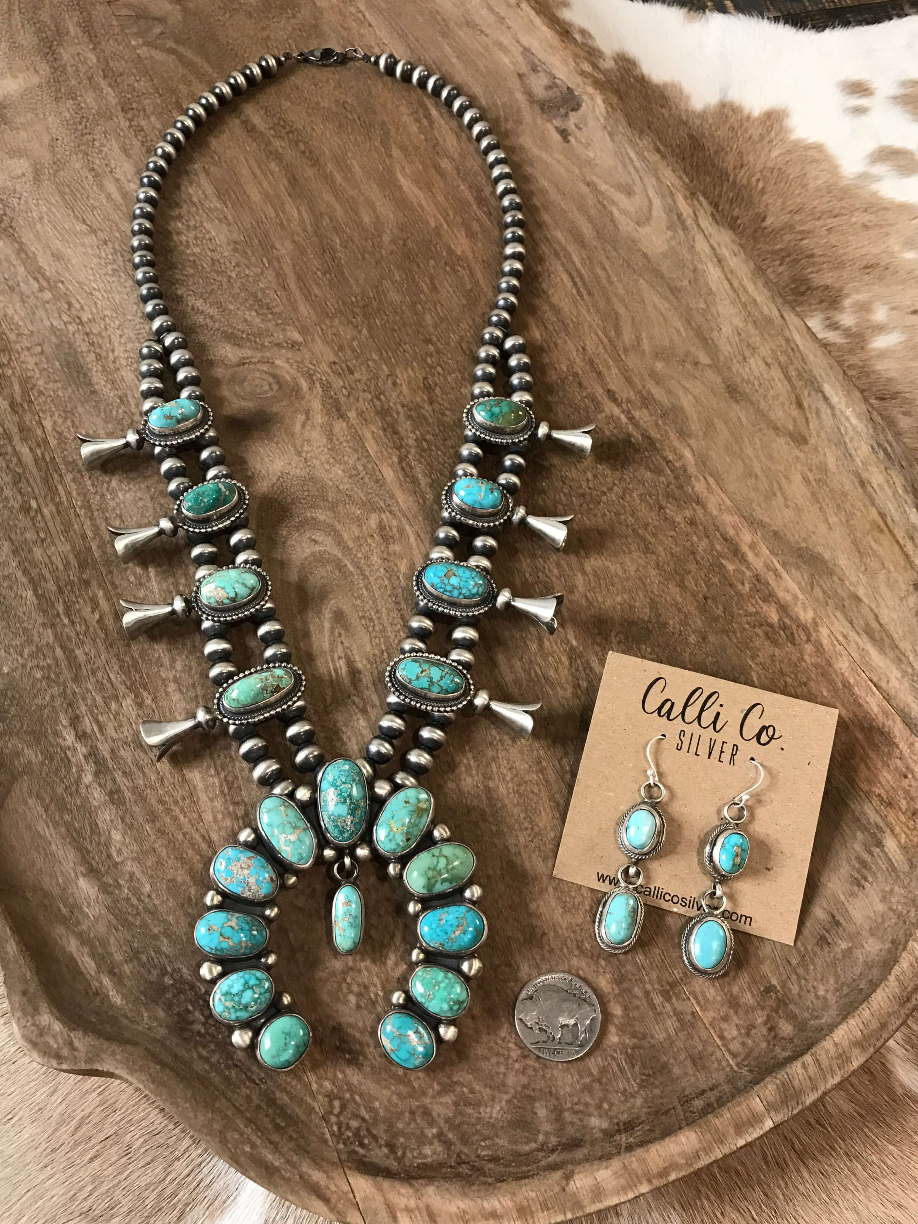 The Hatfield Squash Blossom Necklace Set-Necklaces-Calli Co., Turquoise and Silver Jewelry, Native American Handmade, Zuni Tribe, Navajo Tribe, Brock Texas