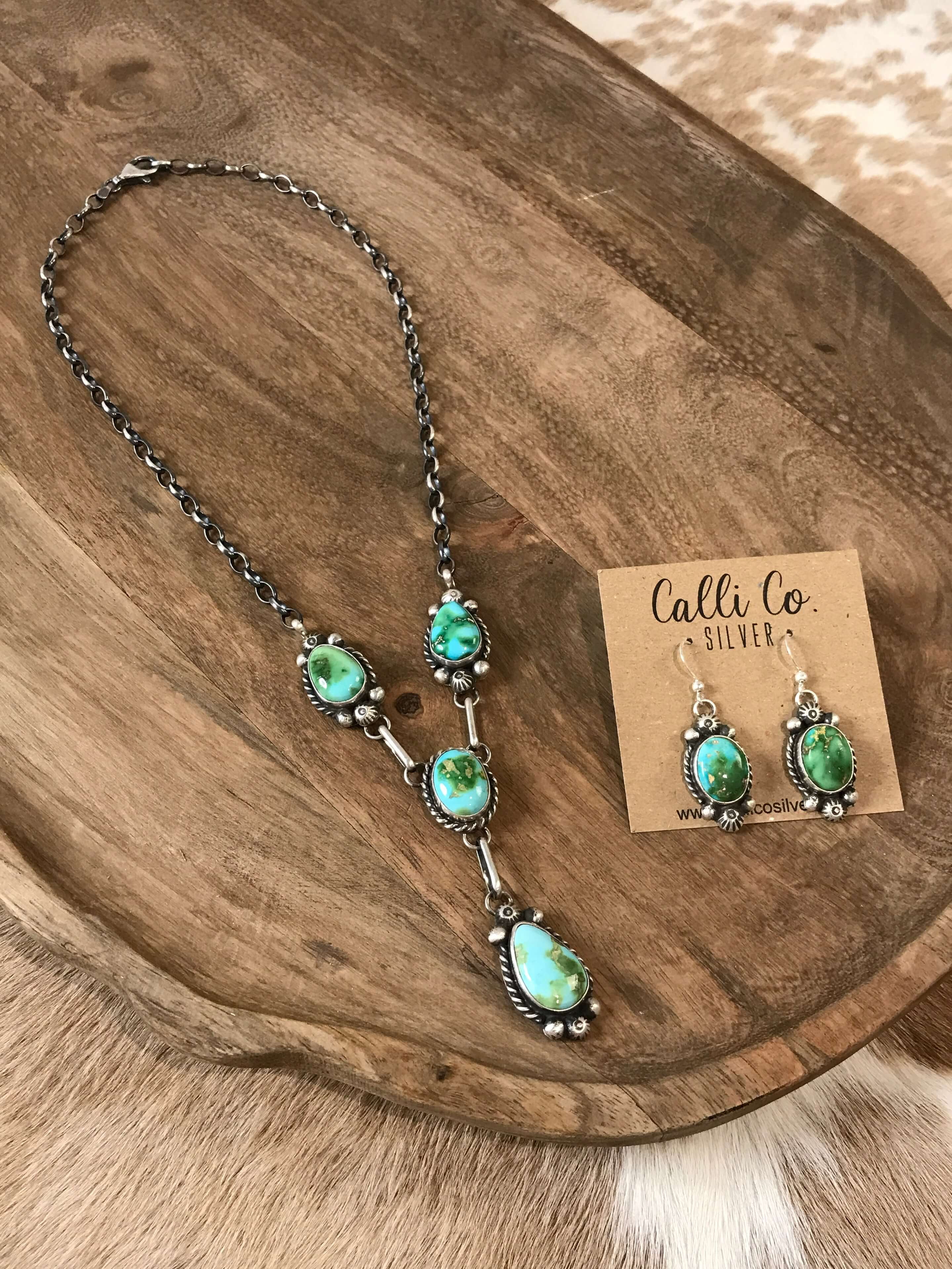 The Hayes Turquoise Lariat Necklace Set-Necklaces-Calli Co., Turquoise and Silver Jewelry, Native American Handmade, Zuni Tribe, Navajo Tribe, Brock Texas