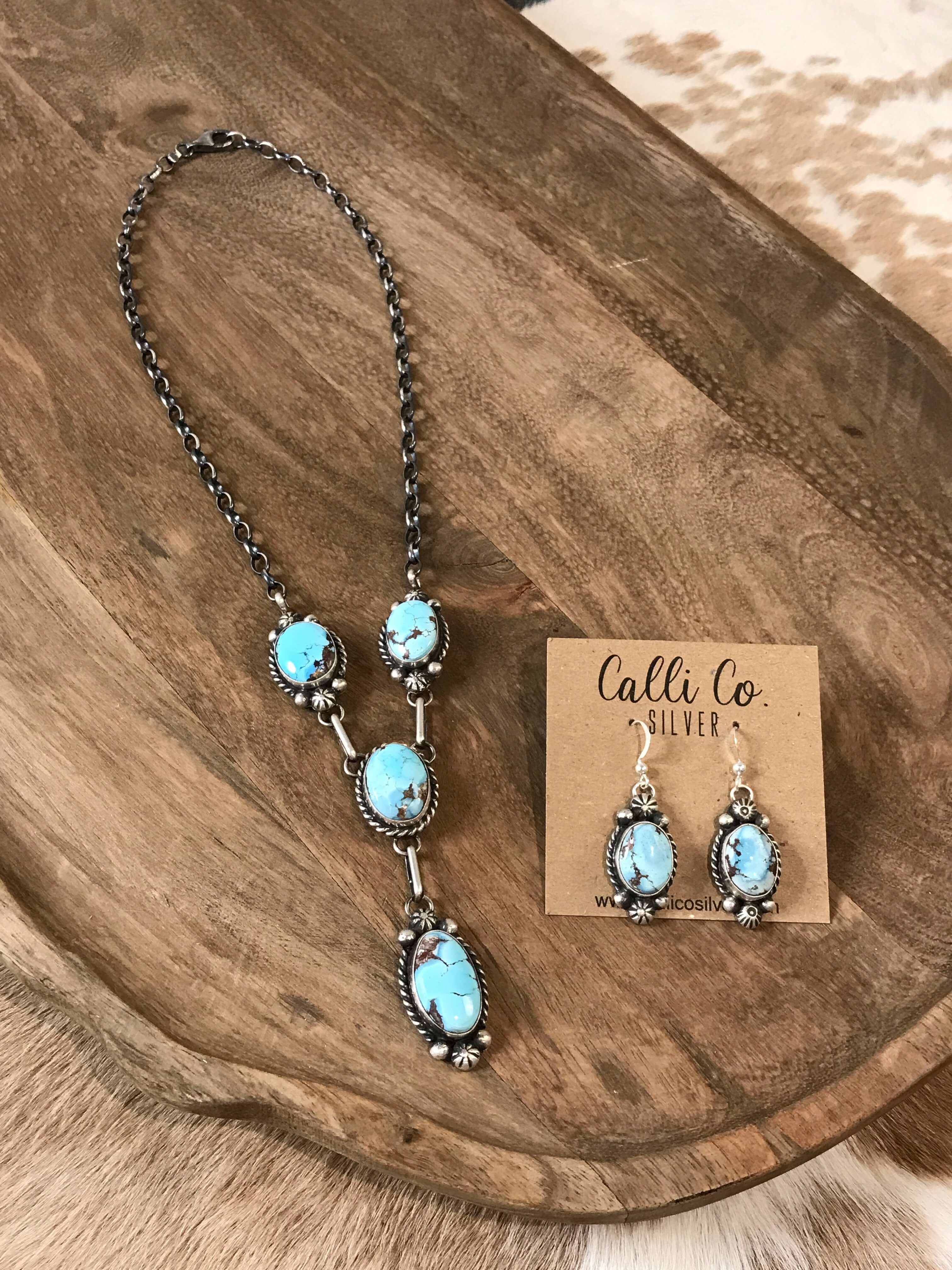 The Bex Turquoise Lariat Necklace Set-Necklaces-Calli Co., Turquoise and Silver Jewelry, Native American Handmade, Zuni Tribe, Navajo Tribe, Brock Texas