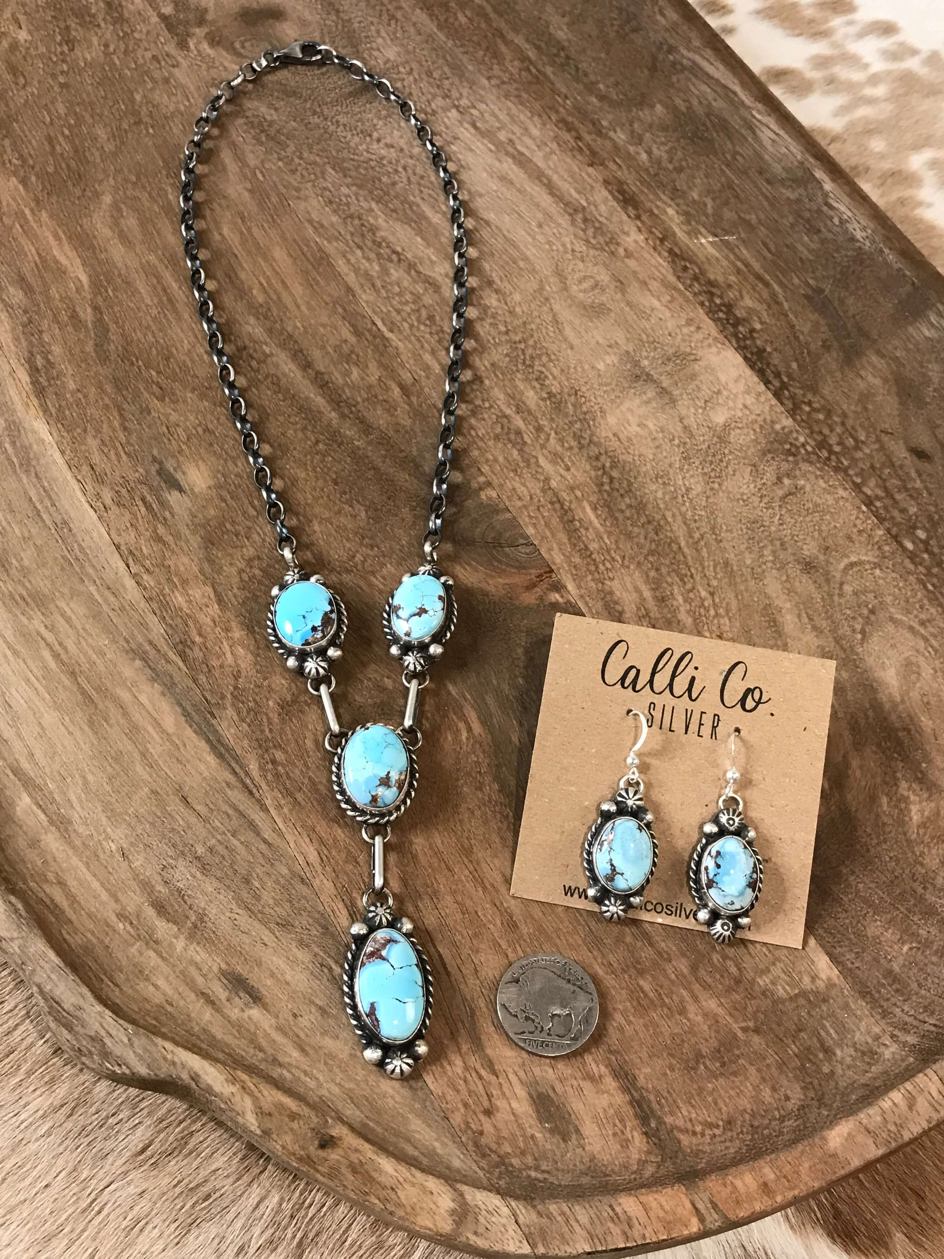 The Bex Turquoise Lariat Necklace Set-Necklaces-Calli Co., Turquoise and Silver Jewelry, Native American Handmade, Zuni Tribe, Navajo Tribe, Brock Texas