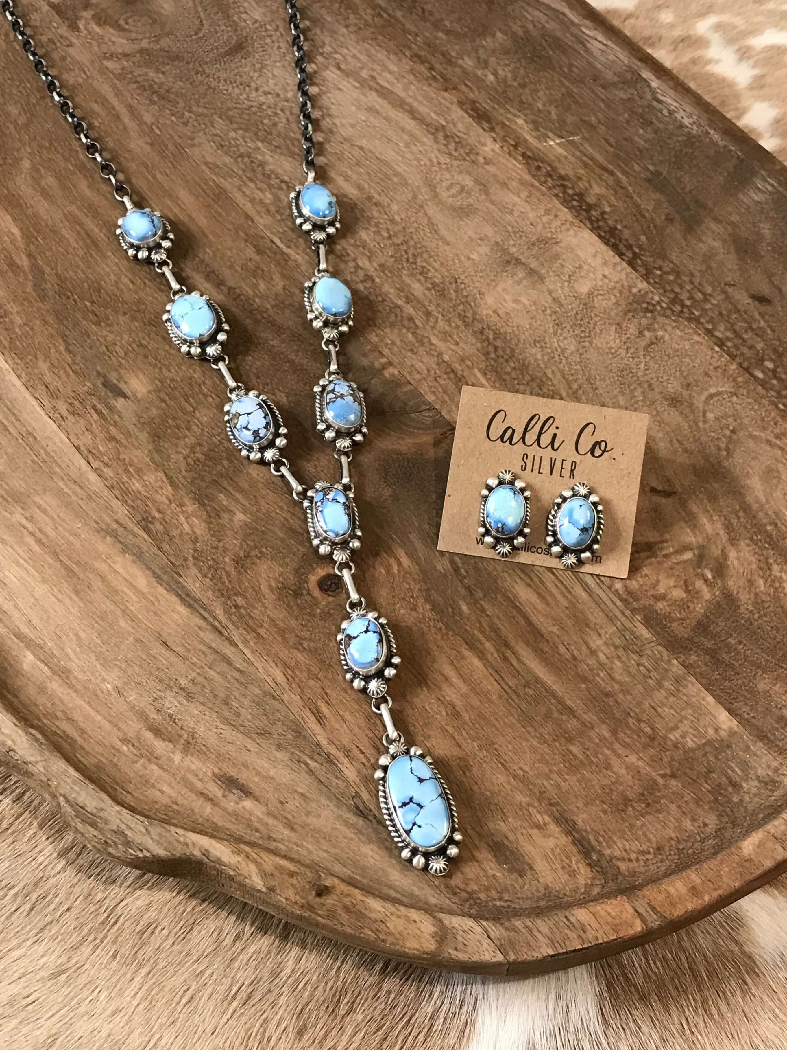 The Teca Turquoise Lariat Necklace Set-Necklaces-Calli Co., Turquoise and Silver Jewelry, Native American Handmade, Zuni Tribe, Navajo Tribe, Brock Texas