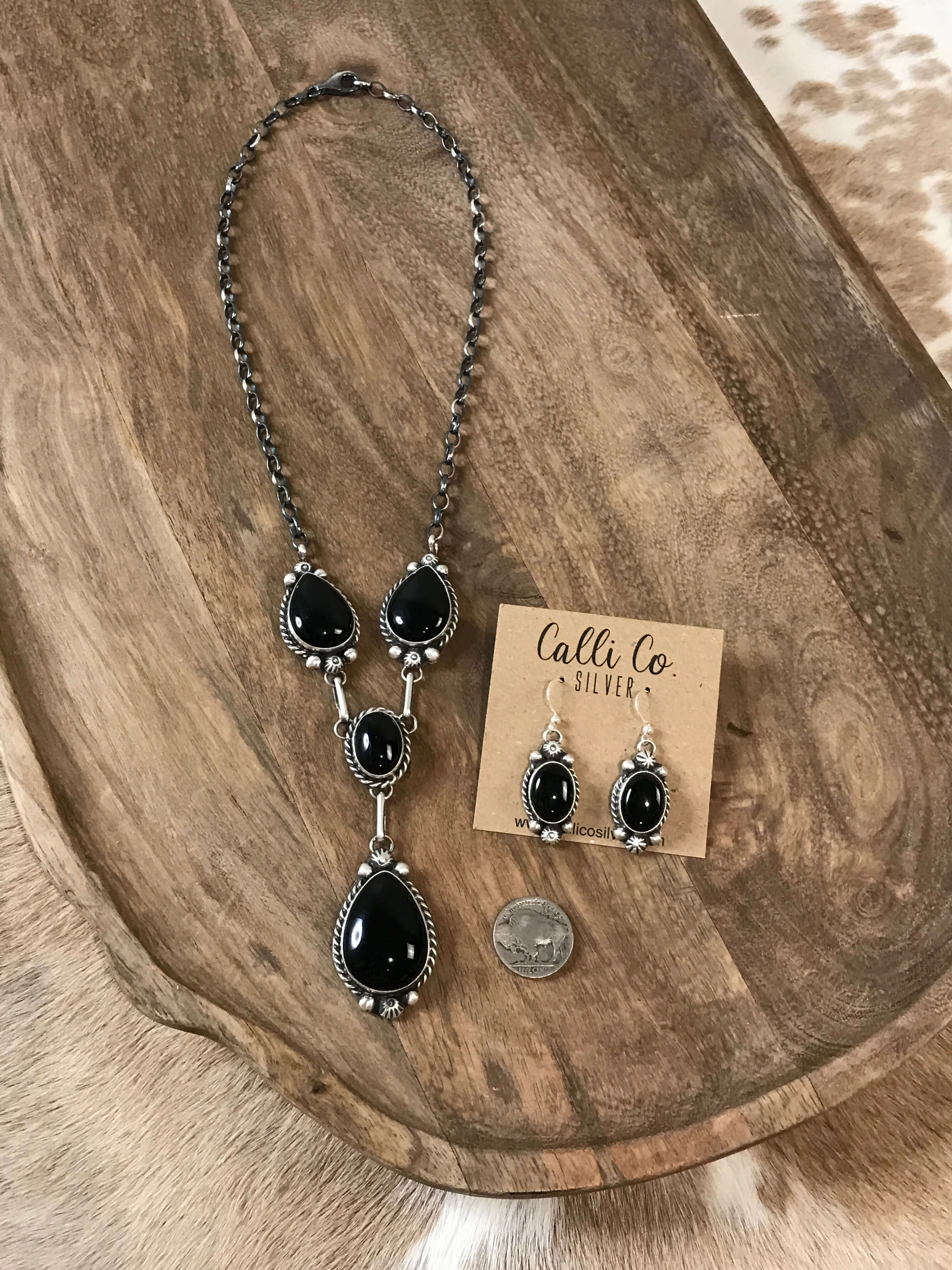 The Wrenley Onyx Lariat Necklace Set-Necklaces-Calli Co., Turquoise and Silver Jewelry, Native American Handmade, Zuni Tribe, Navajo Tribe, Brock Texas