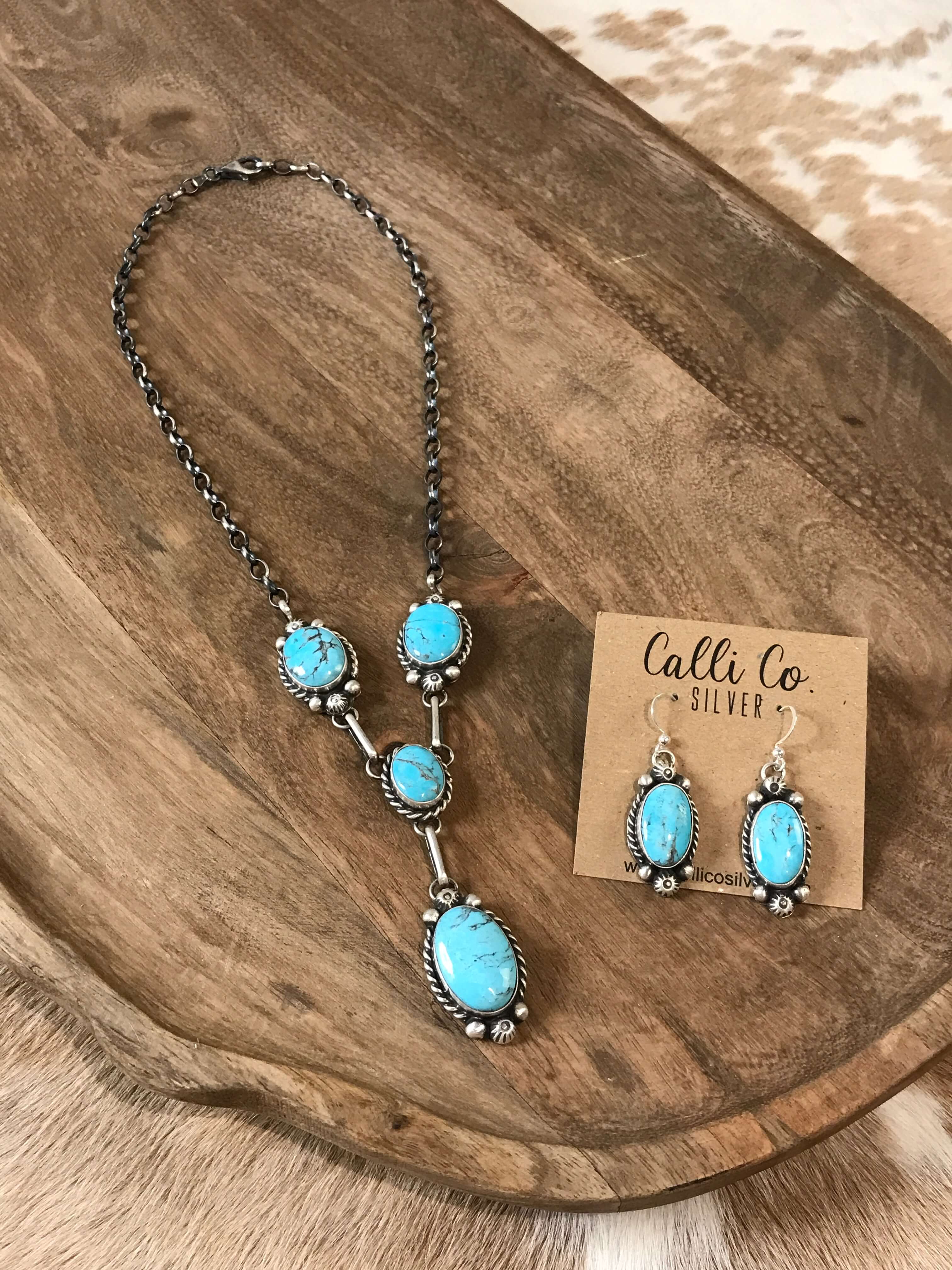 The Reeves Turquoise Lariat Necklace Set-Necklaces-Calli Co., Turquoise and Silver Jewelry, Native American Handmade, Zuni Tribe, Navajo Tribe, Brock Texas