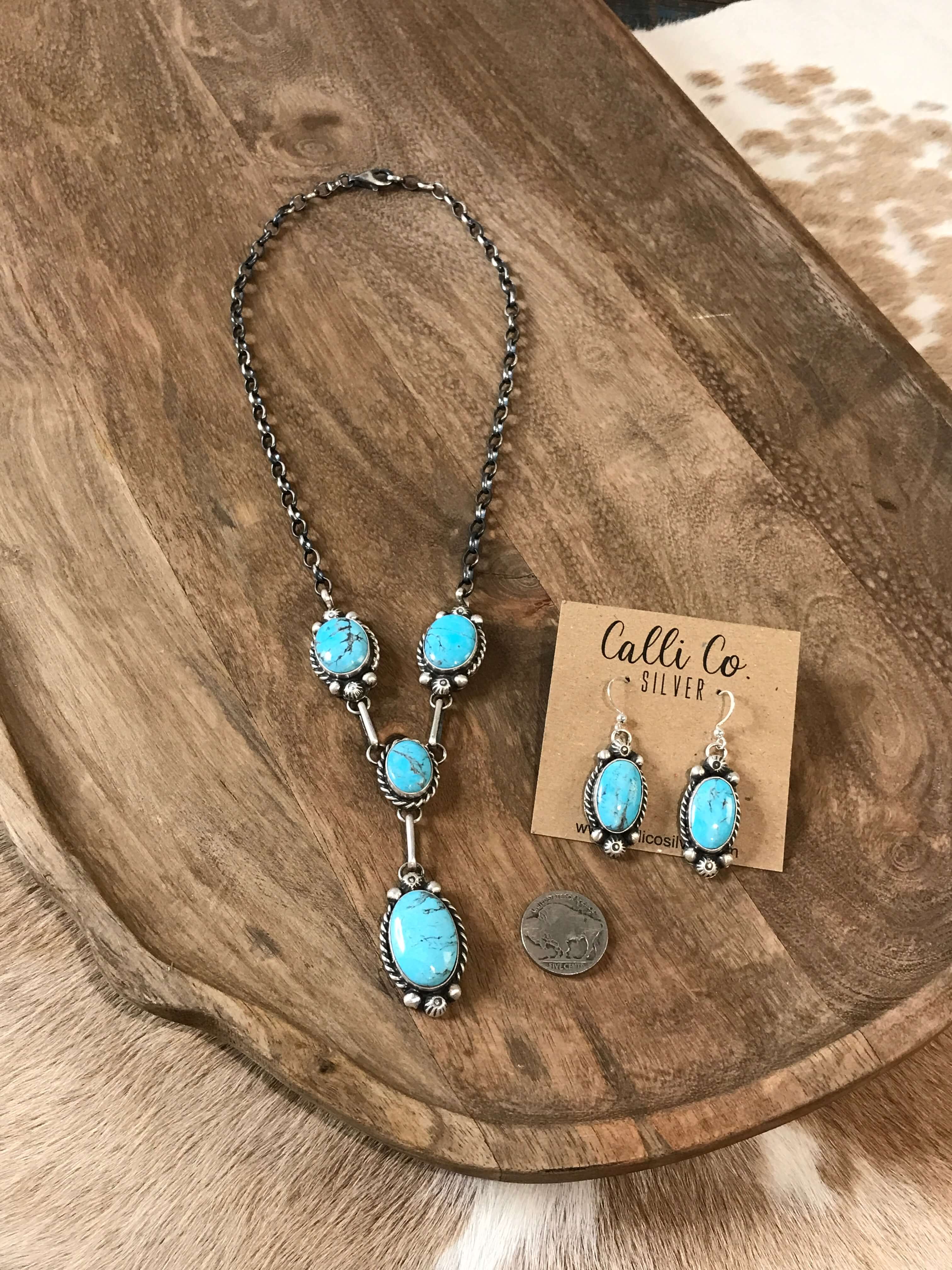 The Reeves Turquoise Lariat Necklace Set-Necklaces-Calli Co., Turquoise and Silver Jewelry, Native American Handmade, Zuni Tribe, Navajo Tribe, Brock Texas