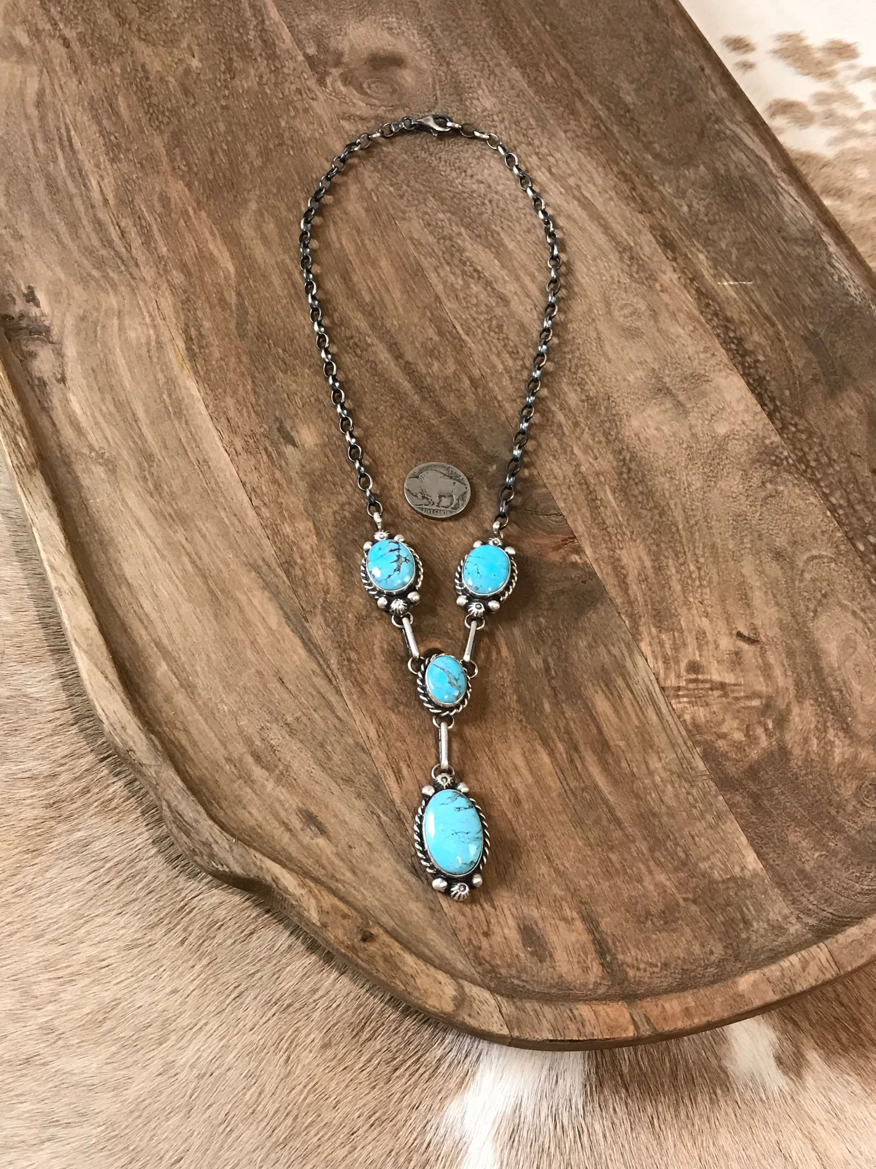 The Reeves Turquoise Lariat Necklace Set-Necklaces-Calli Co., Turquoise and Silver Jewelry, Native American Handmade, Zuni Tribe, Navajo Tribe, Brock Texas