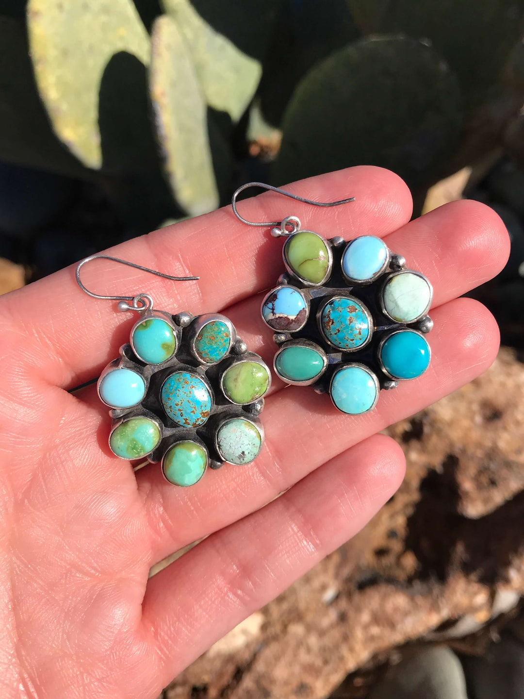 Front View. The Many Mines Cluster Earrings-Earrings-Calli Co., Turquoise and Silver Jewelry, Native American Handmade, Zuni Tribe, Navajo Tribe, Brock Texas
