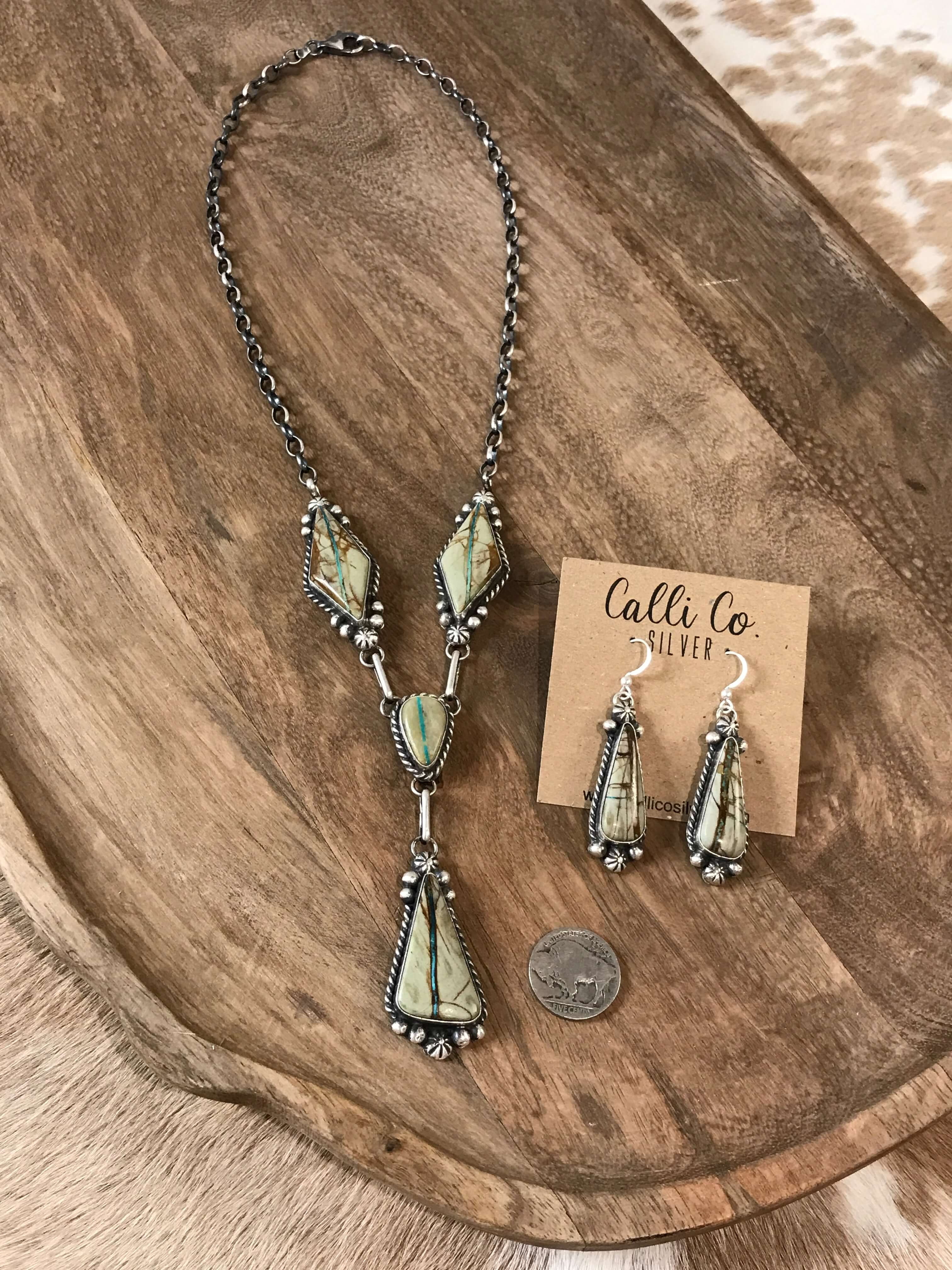 The Blaze Lariat Necklace Set-Necklaces-Calli Co., Turquoise and Silver Jewelry, Native American Handmade, Zuni Tribe, Navajo Tribe, Brock Texas