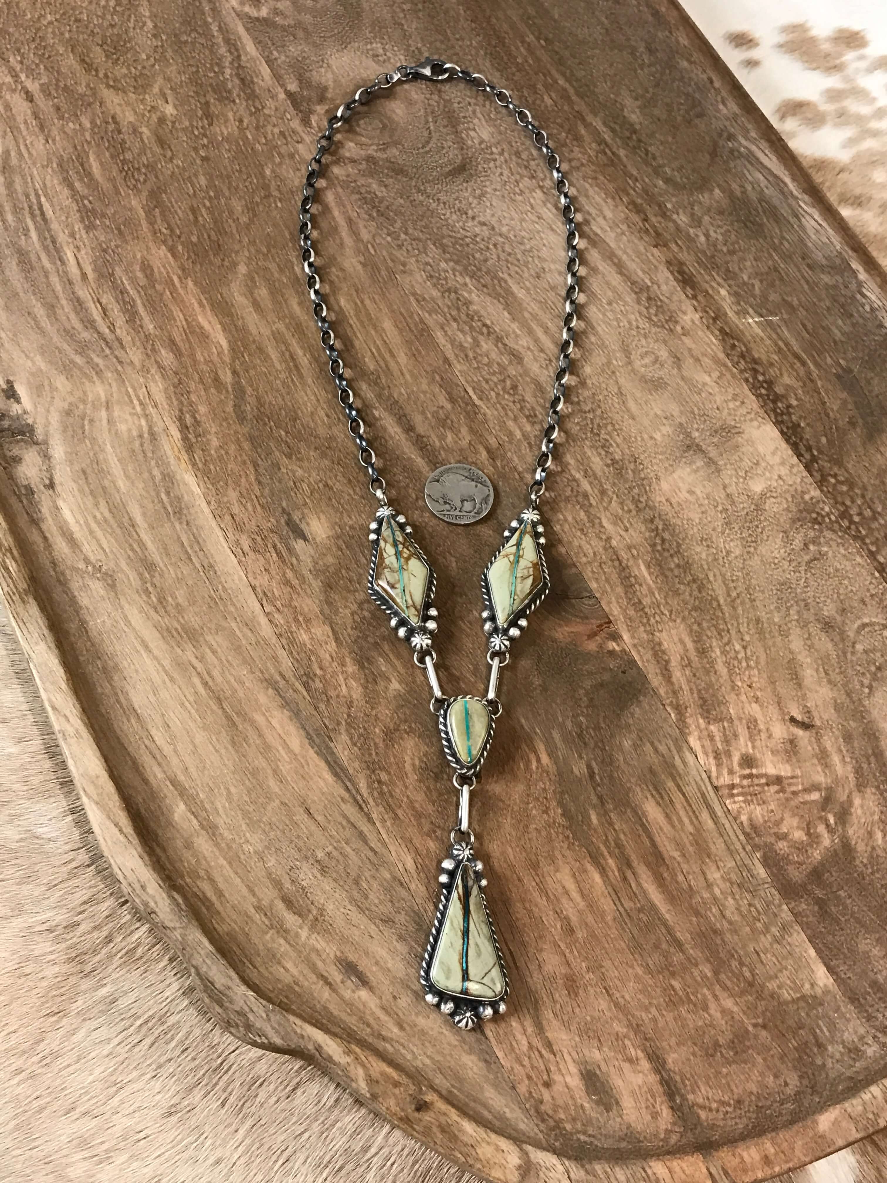 The Blaze Lariat Necklace Set-Necklaces-Calli Co., Turquoise and Silver Jewelry, Native American Handmade, Zuni Tribe, Navajo Tribe, Brock Texas