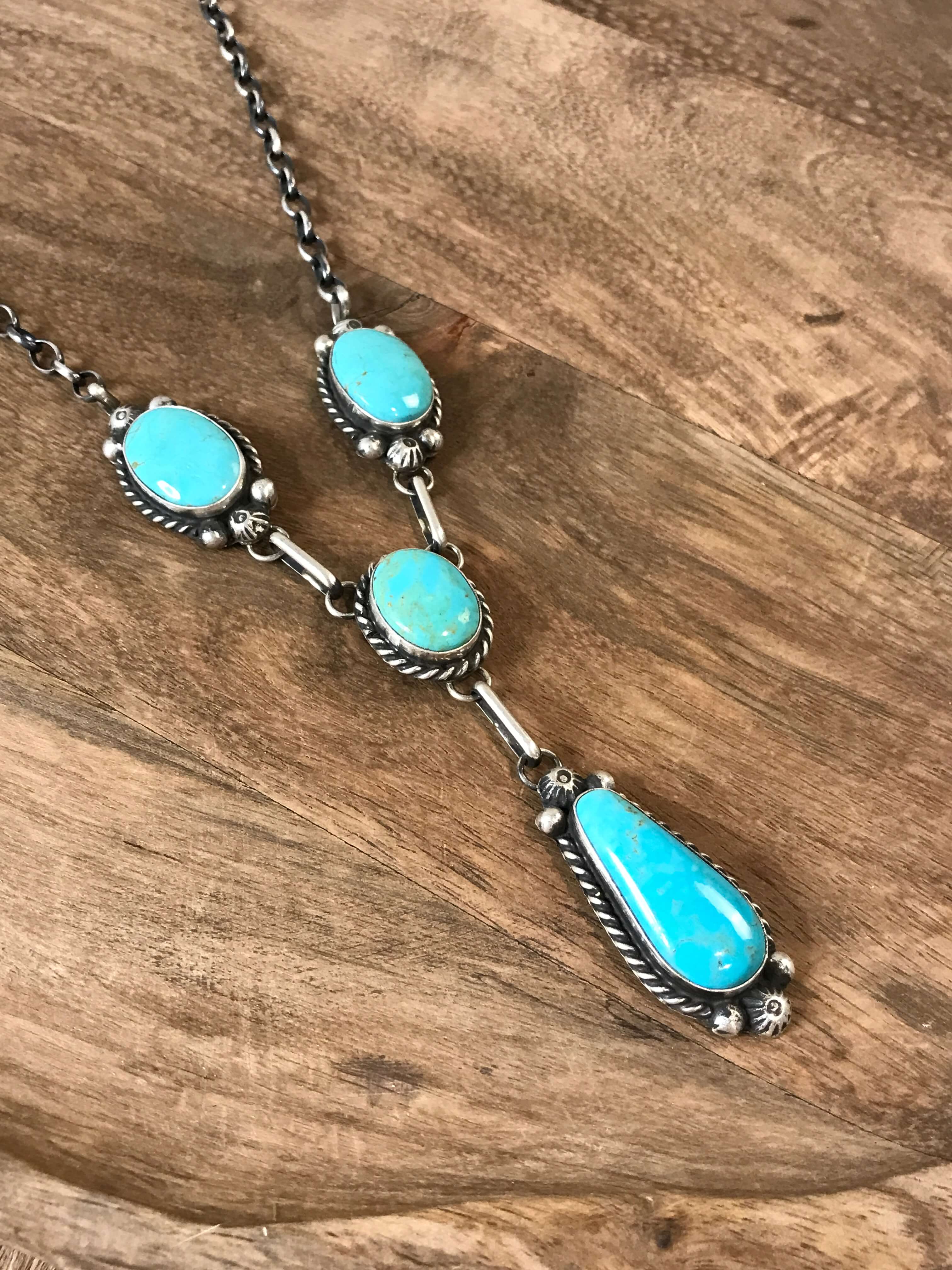 The Indigo Turquoise Lariat Necklace Set-Necklaces-Calli Co., Turquoise and Silver Jewelry, Native American Handmade, Zuni Tribe, Navajo Tribe, Brock Texas
