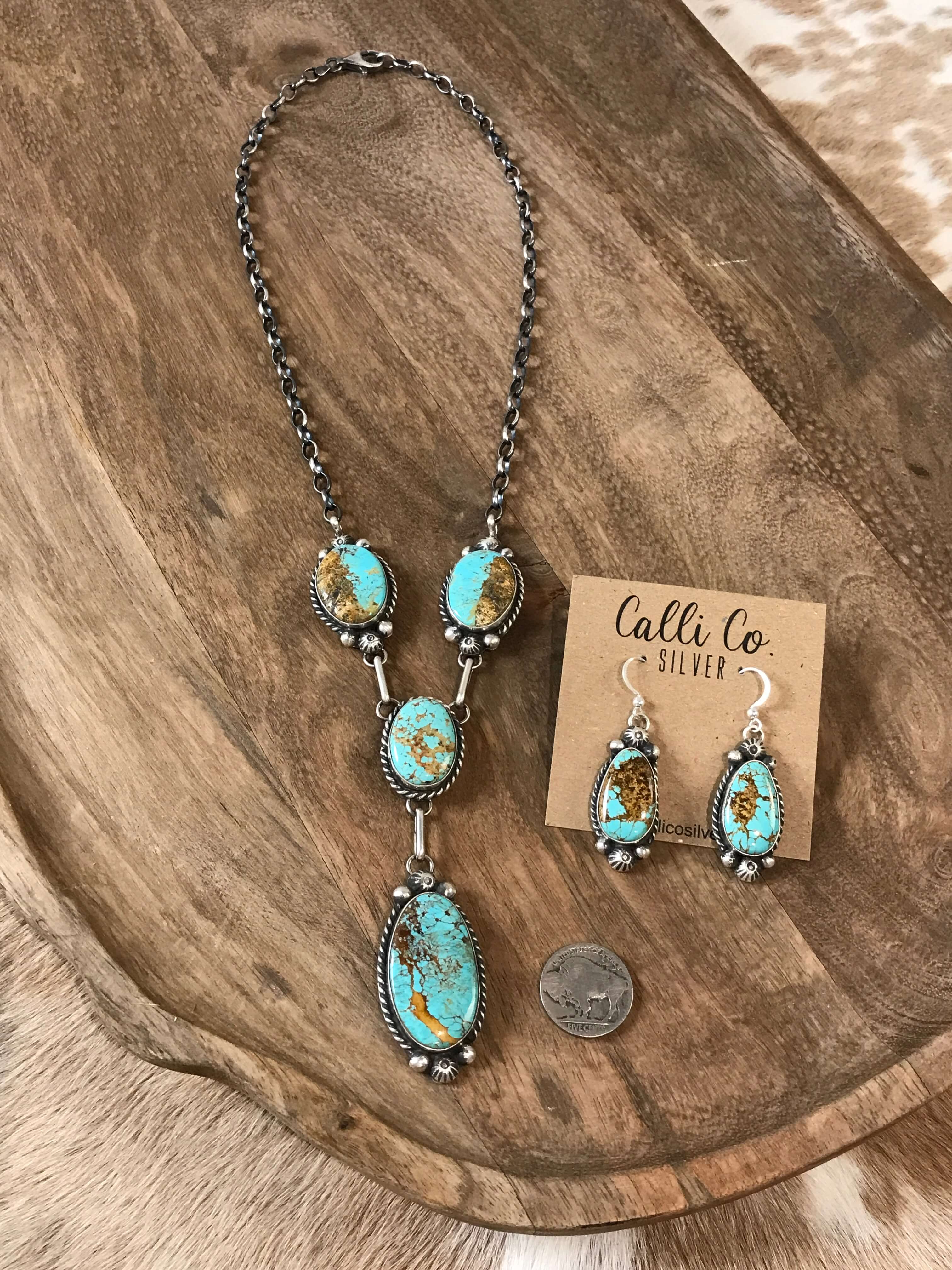 The Adler Turquoise Lariat Necklace Set-Necklaces-Calli Co., Turquoise and Silver Jewelry, Native American Handmade, Zuni Tribe, Navajo Tribe, Brock Texas