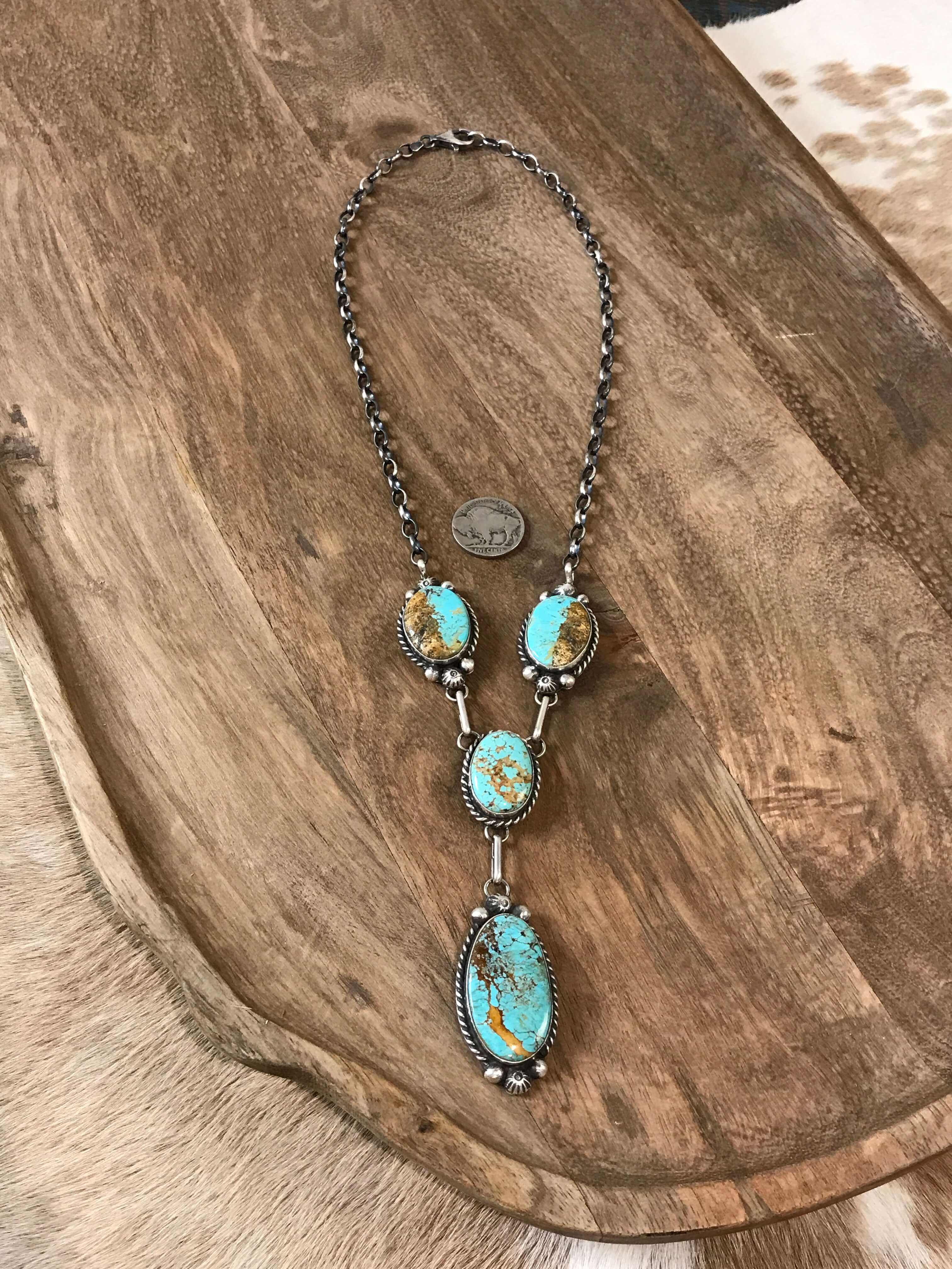 The Adler Turquoise Lariat Necklace Set-Necklaces-Calli Co., Turquoise and Silver Jewelry, Native American Handmade, Zuni Tribe, Navajo Tribe, Brock Texas