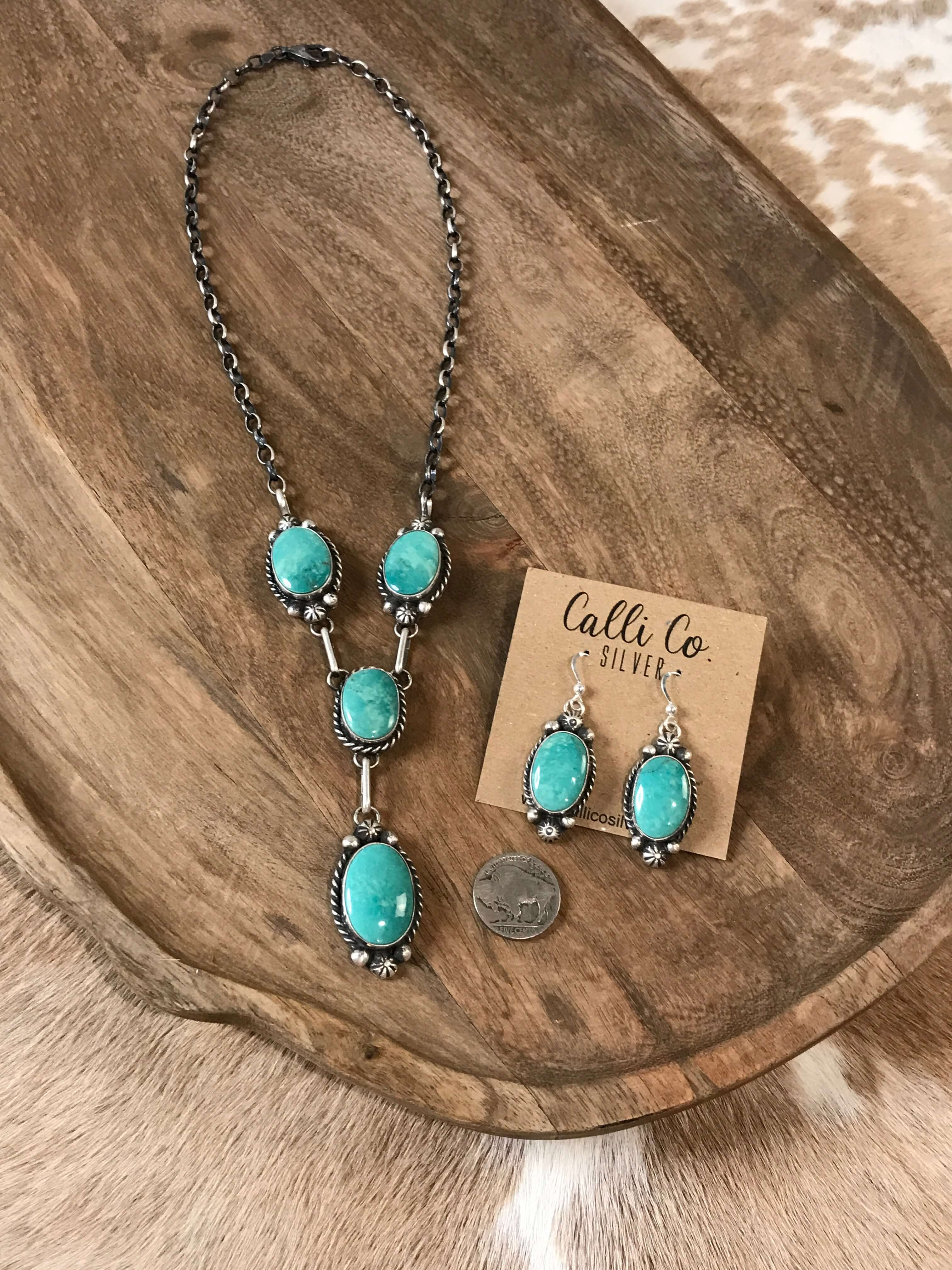 The Hugo Turquoise Lariat Necklace Set-Necklaces-Calli Co., Turquoise and Silver Jewelry, Native American Handmade, Zuni Tribe, Navajo Tribe, Brock Texas