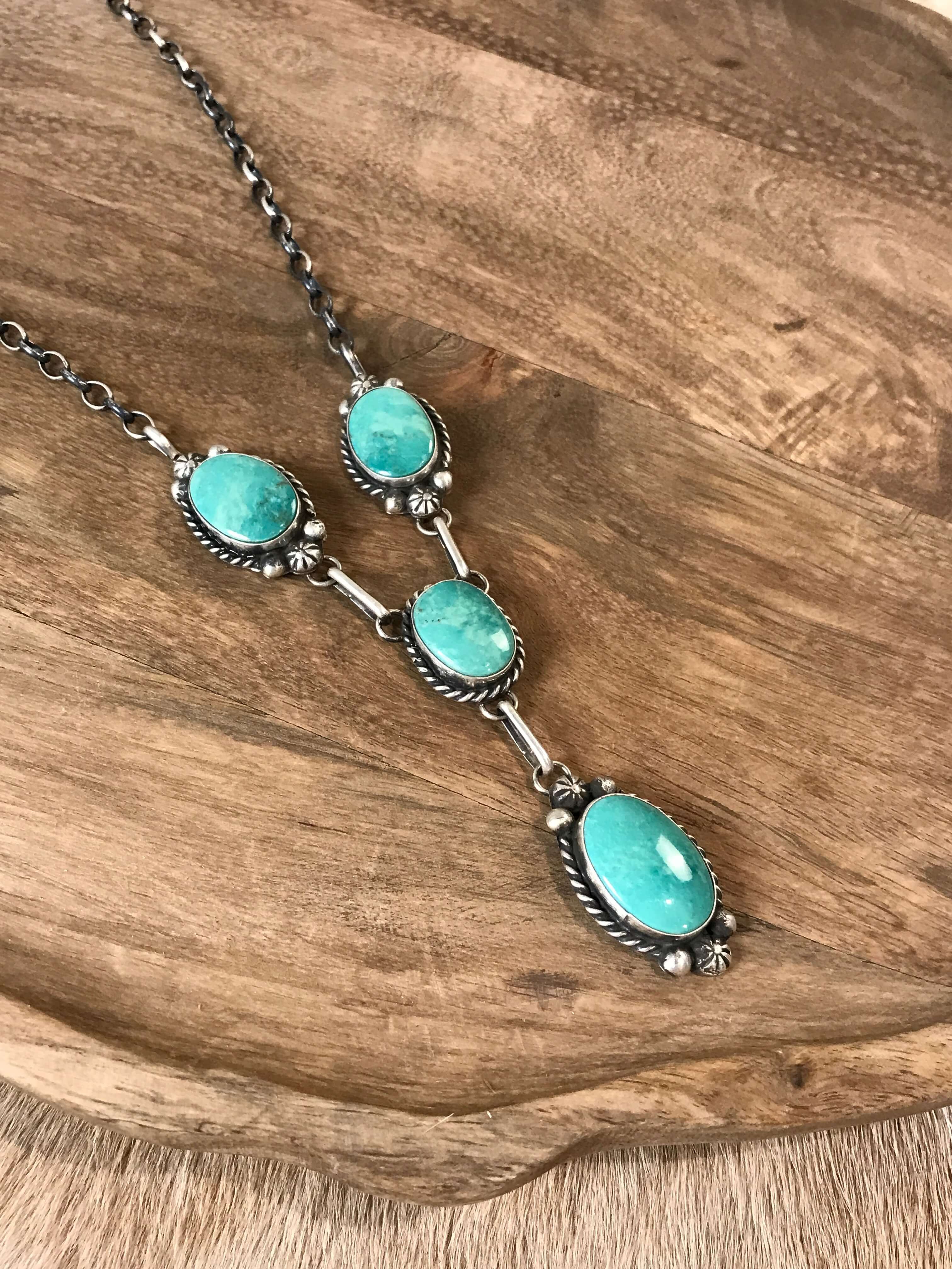 The Hugo Turquoise Lariat Necklace Set-Necklaces-Calli Co., Turquoise and Silver Jewelry, Native American Handmade, Zuni Tribe, Navajo Tribe, Brock Texas