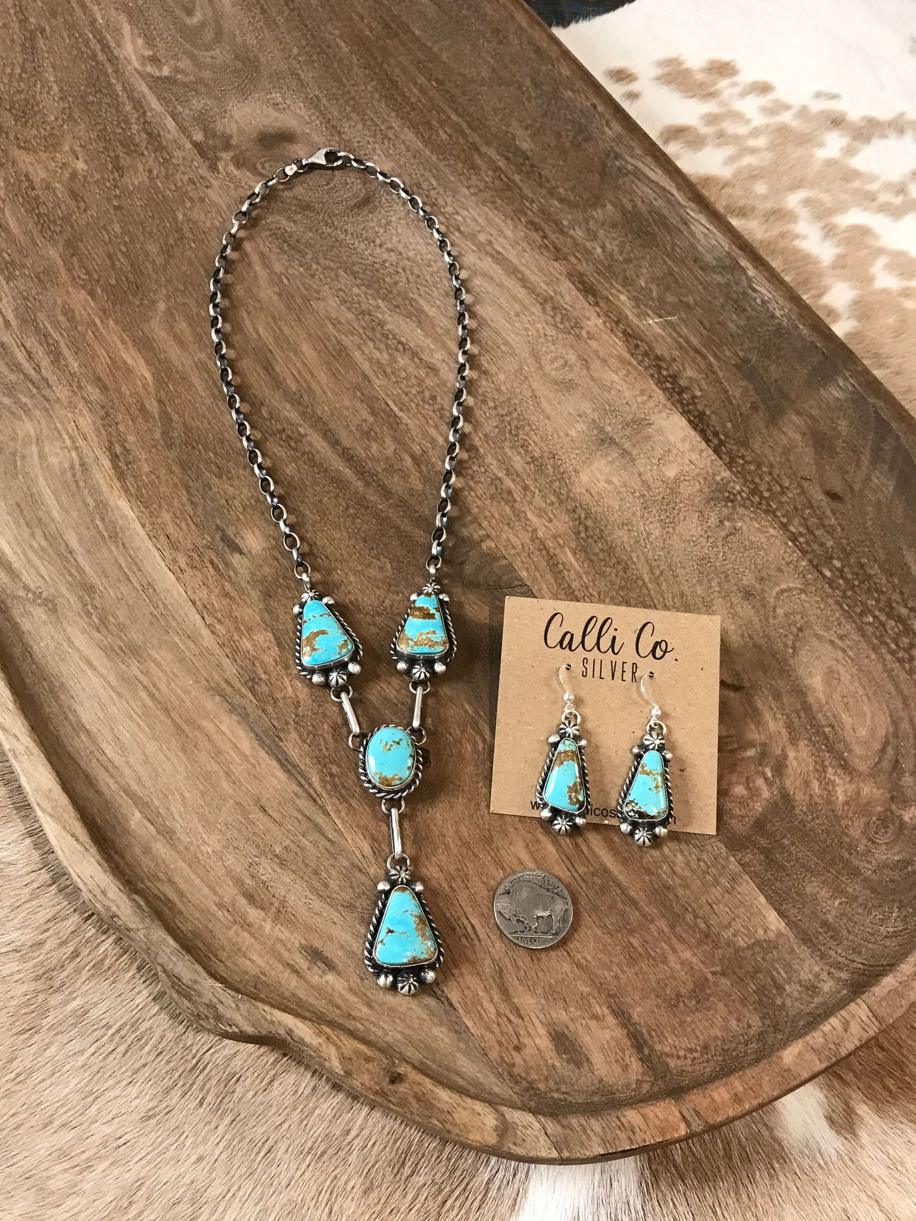 The Mills Turquoise Lariat Necklace Set-Necklaces-Calli Co., Turquoise and Silver Jewelry, Native American Handmade, Zuni Tribe, Navajo Tribe, Brock Texas