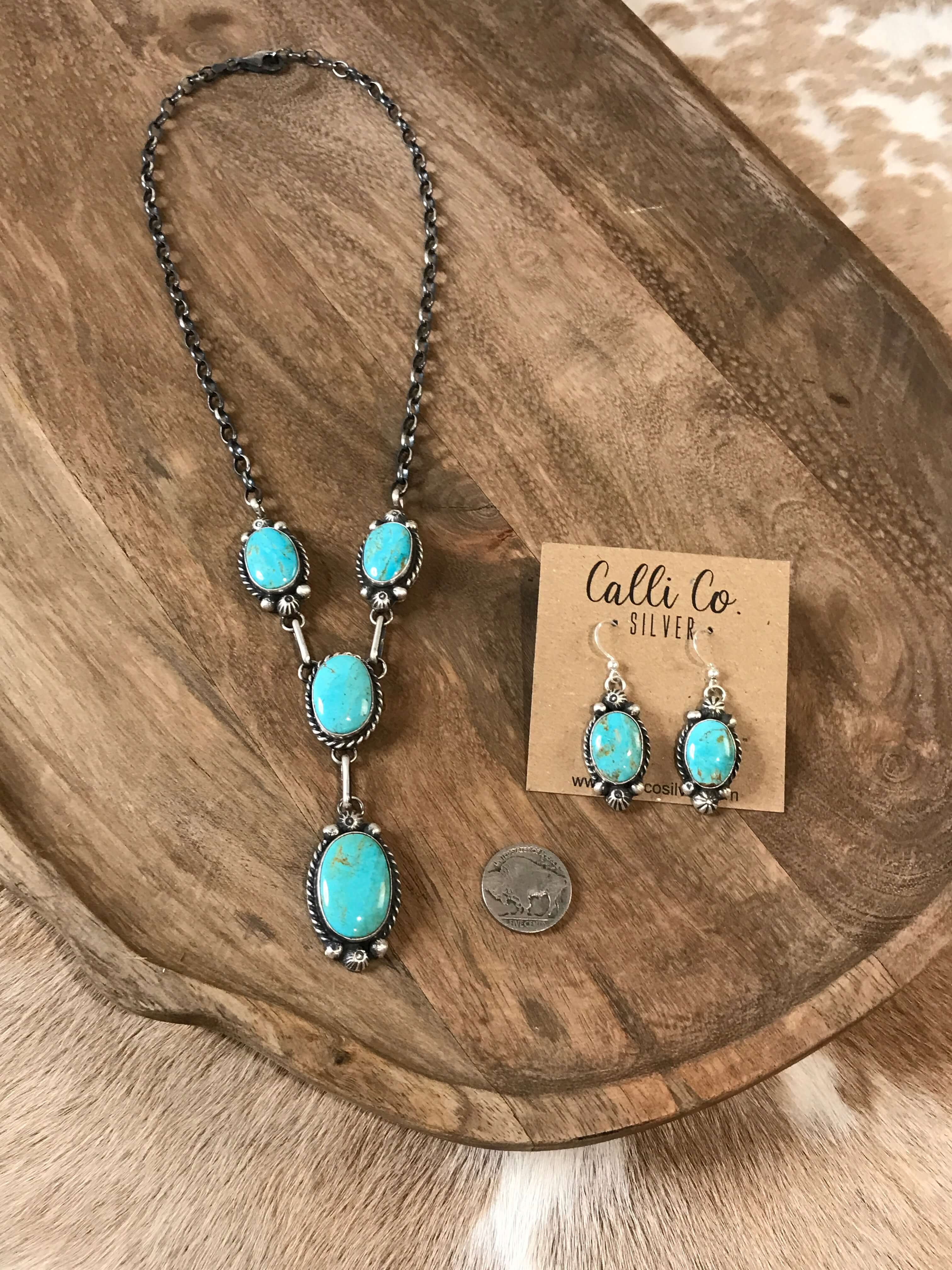The Ramona Turquoise Lariat Necklace Set-Necklaces-Calli Co., Turquoise and Silver Jewelry, Native American Handmade, Zuni Tribe, Navajo Tribe, Brock Texas