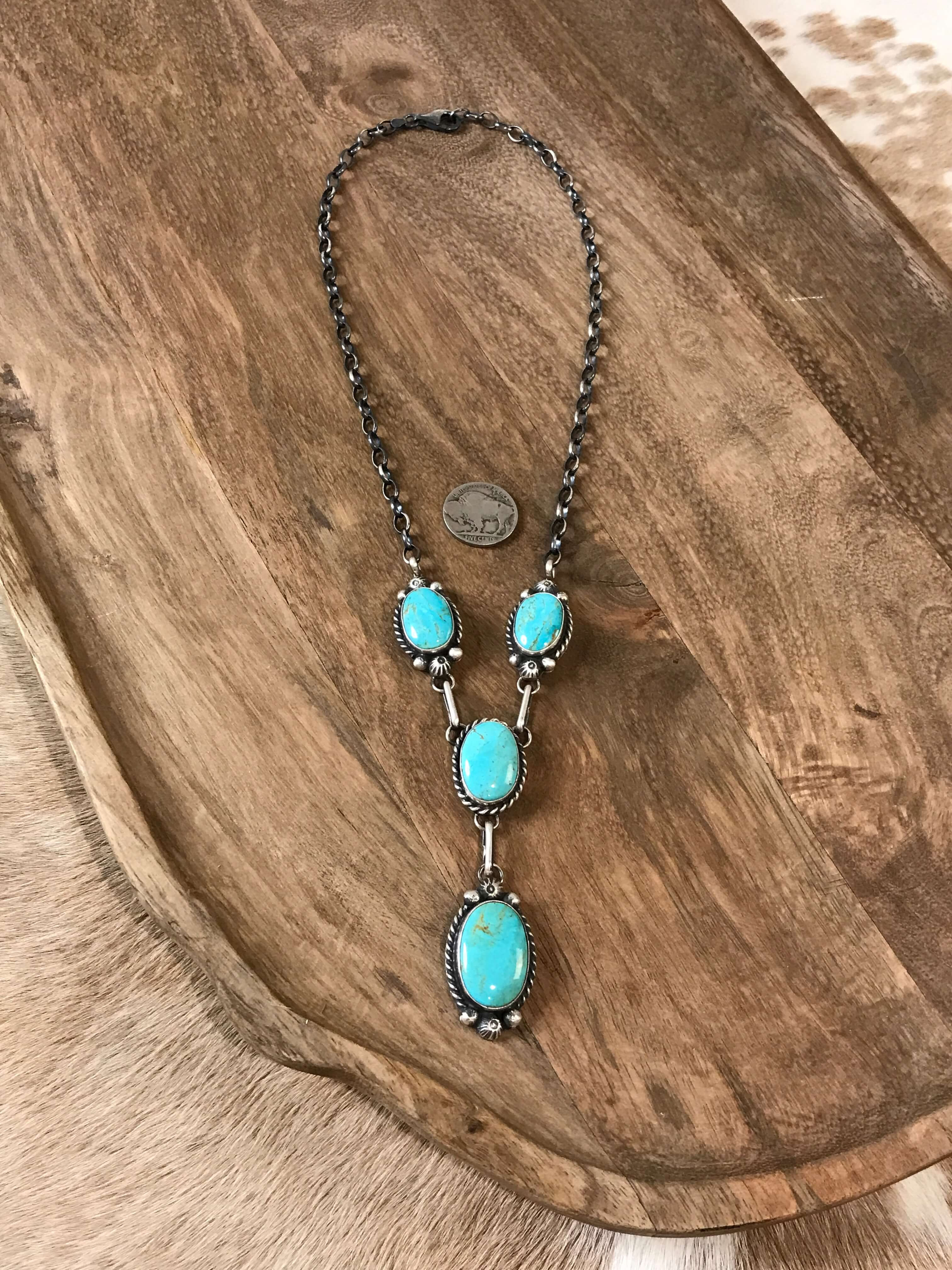 The Ramona Turquoise Lariat Necklace Set-Necklaces-Calli Co., Turquoise and Silver Jewelry, Native American Handmade, Zuni Tribe, Navajo Tribe, Brock Texas