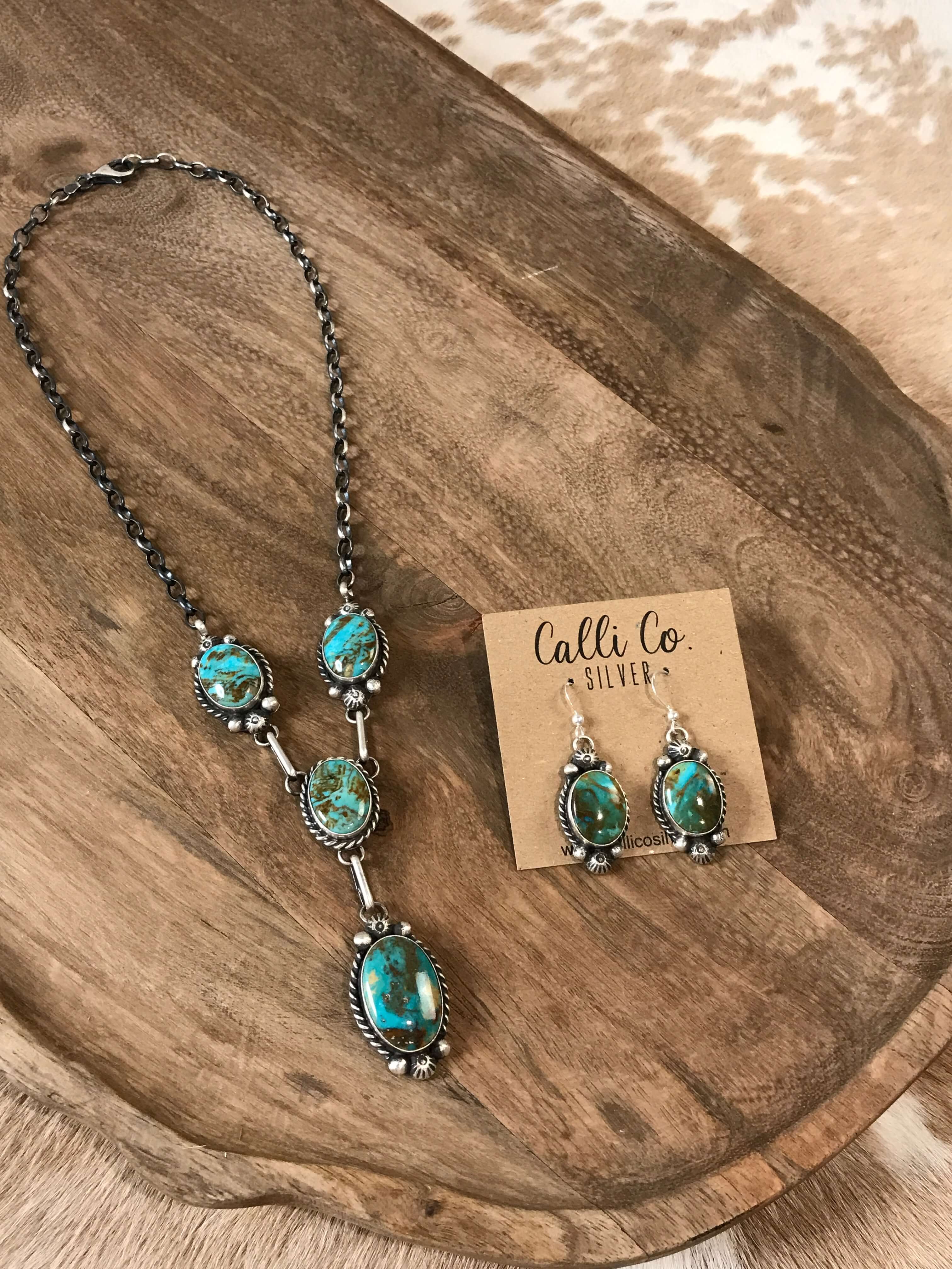 The Kilbuck Turquoise Lariat Necklace Set-Necklaces-Calli Co., Turquoise and Silver Jewelry, Native American Handmade, Zuni Tribe, Navajo Tribe, Brock Texas