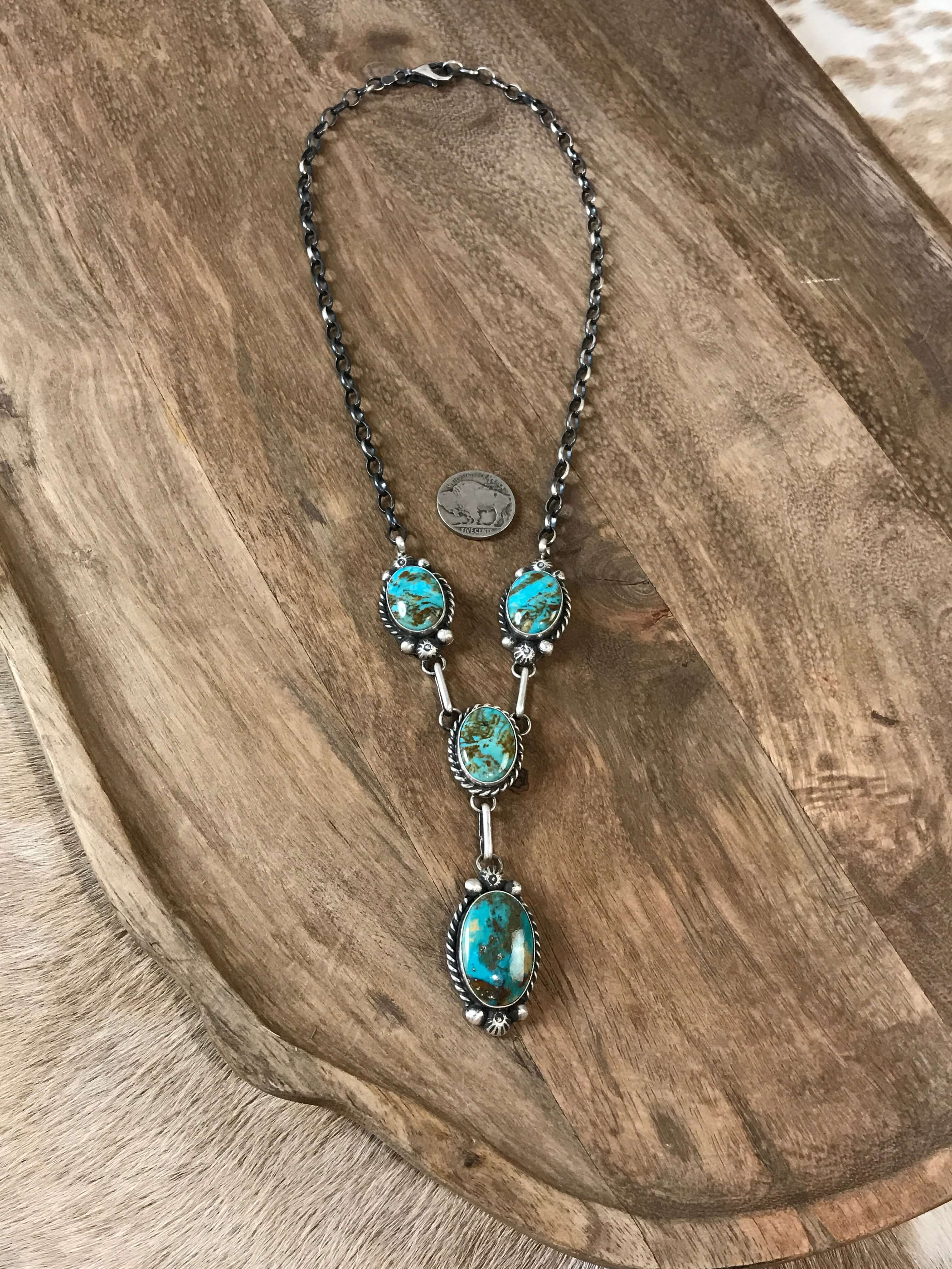 The Kilbuck Turquoise Lariat Necklace Set-Necklaces-Calli Co., Turquoise and Silver Jewelry, Native American Handmade, Zuni Tribe, Navajo Tribe, Brock Texas