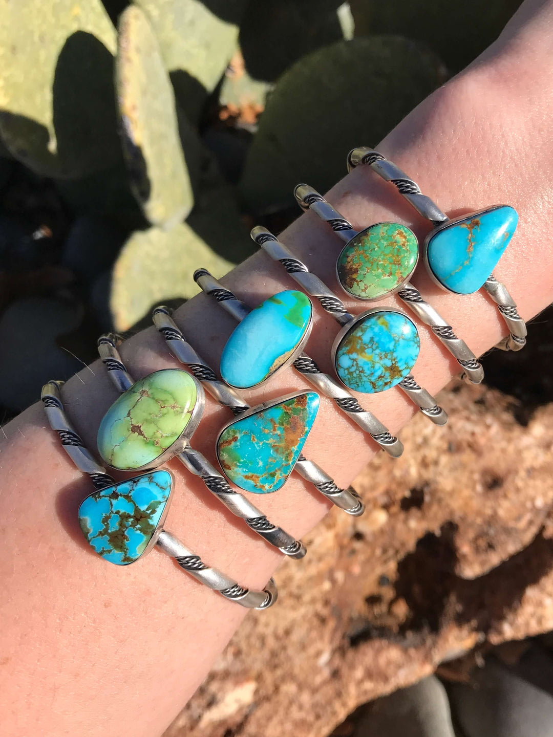 Front View. The Driggs Turquoise Cuffs-Bracelets & Cuffs-Calli Co., Turquoise and Silver Jewelry, Native American Handmade, Zuni Tribe, Navajo Tribe, Brock Texas