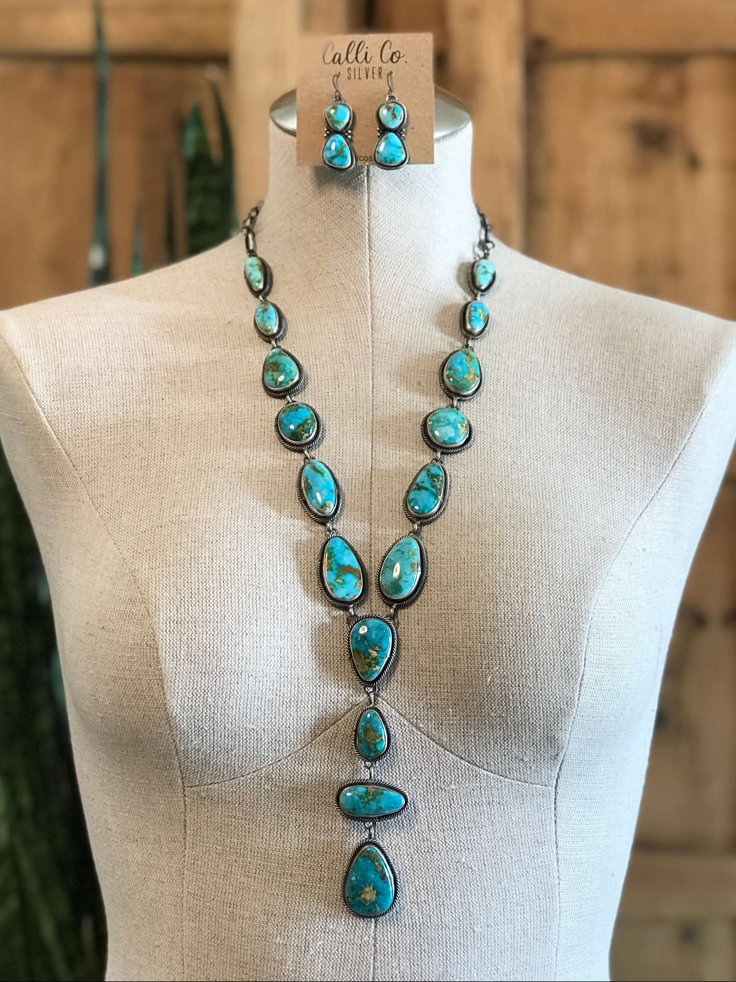 The Roper Turquoise Lariat Necklace Set-Necklaces-Calli Co., Turquoise and Silver Jewelry, Native American Handmade, Zuni Tribe, Navajo Tribe, Brock Texas