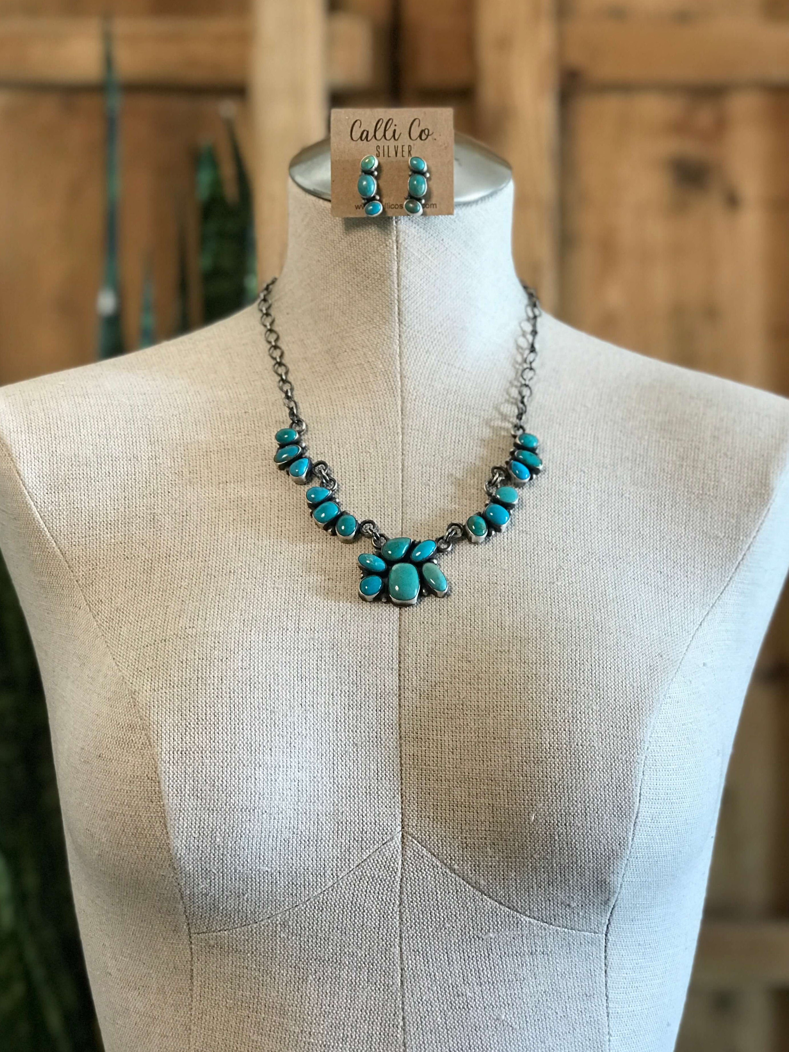 The Misty Turquoise Statement Necklace Set-Necklaces-Calli Co., Turquoise and Silver Jewelry, Native American Handmade, Zuni Tribe, Navajo Tribe, Brock Texas