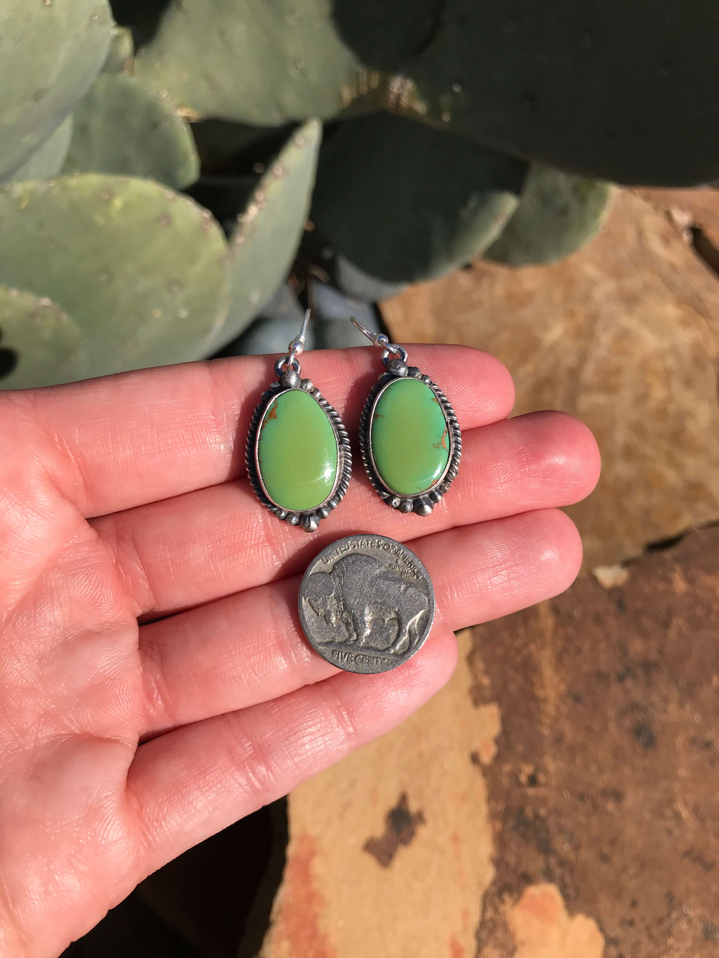 The Turquoise Dangle Earrings, 16-Earrings-Calli Co., Turquoise and Silver Jewelry, Native American Handmade, Zuni Tribe, Navajo Tribe, Brock Texas