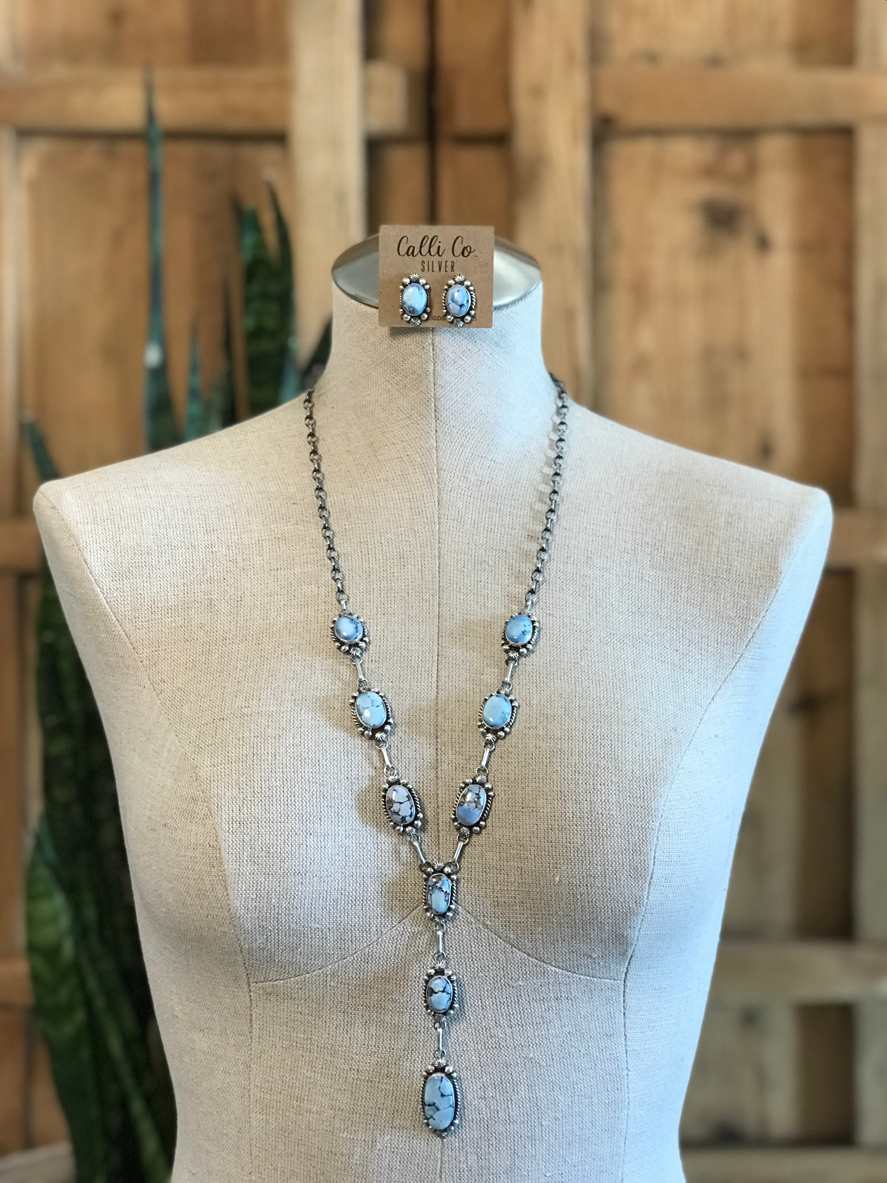 The Teca Turquoise Lariat Necklace Set-Necklaces-Calli Co., Turquoise and Silver Jewelry, Native American Handmade, Zuni Tribe, Navajo Tribe, Brock Texas