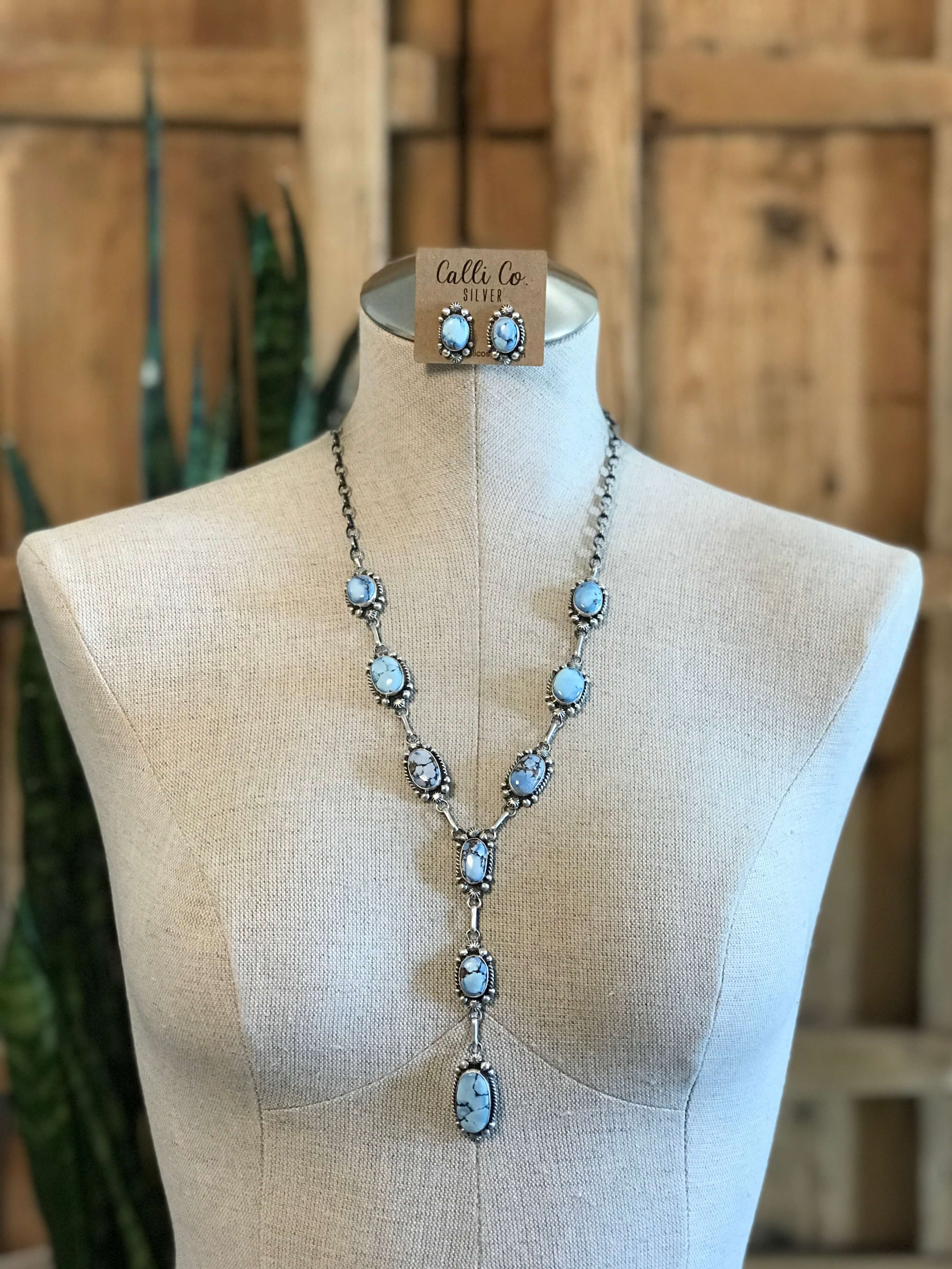 The Teca Turquoise Lariat Necklace Set-Necklaces-Calli Co., Turquoise and Silver Jewelry, Native American Handmade, Zuni Tribe, Navajo Tribe, Brock Texas