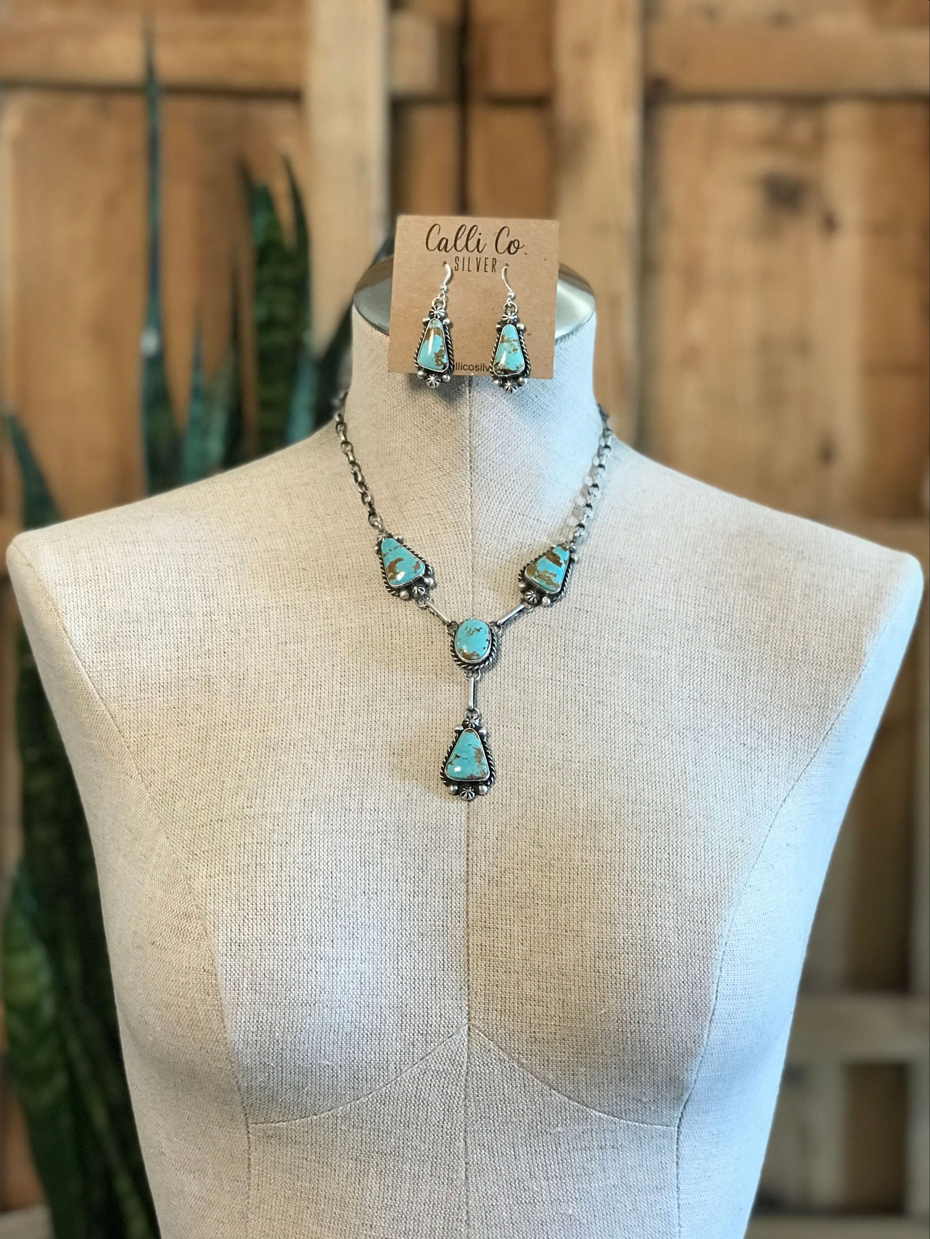 The Mills Turquoise Lariat Necklace Set-Necklaces-Calli Co., Turquoise and Silver Jewelry, Native American Handmade, Zuni Tribe, Navajo Tribe, Brock Texas