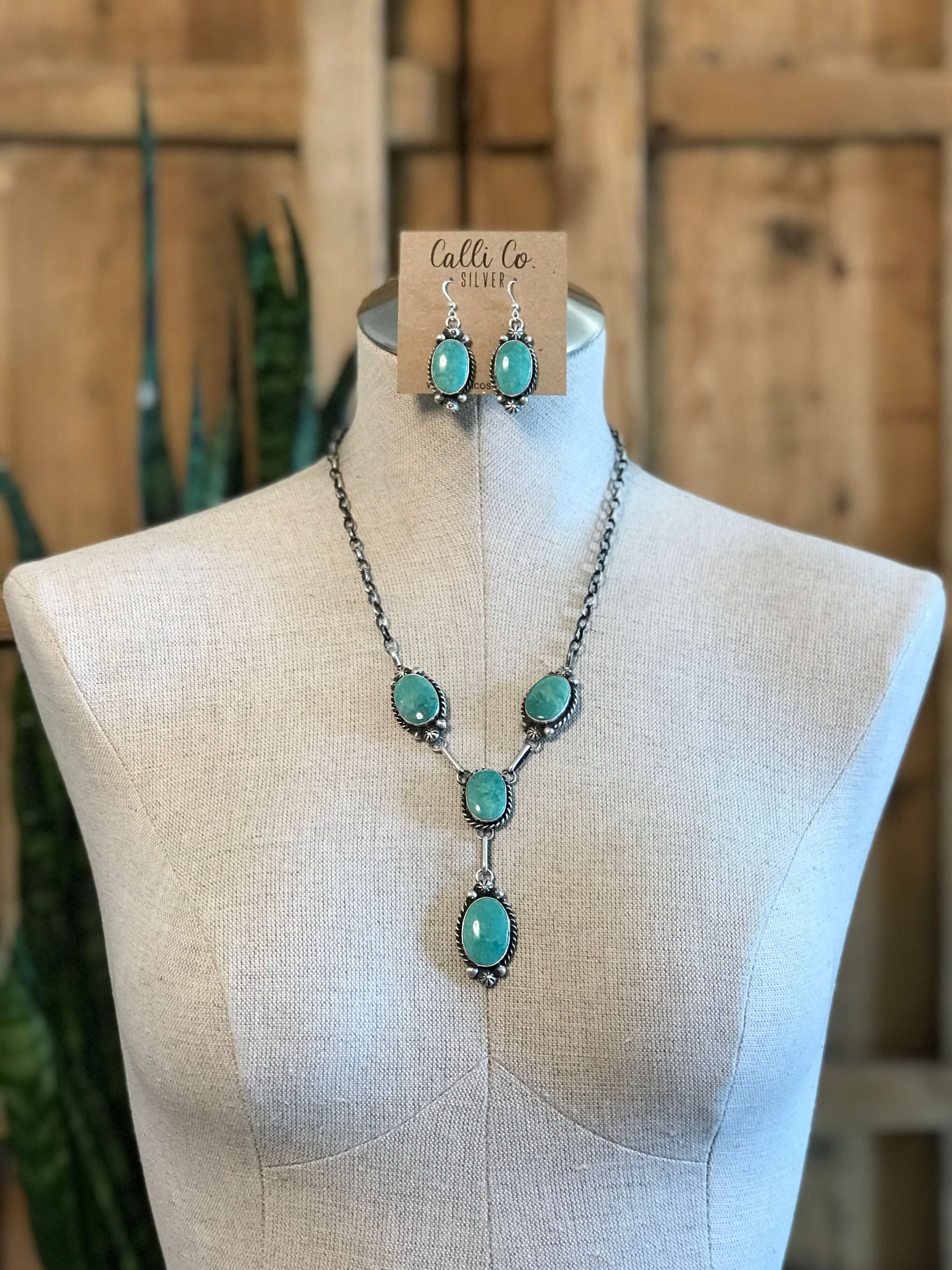 The Hugo Turquoise Lariat Necklace Set-Necklaces-Calli Co., Turquoise and Silver Jewelry, Native American Handmade, Zuni Tribe, Navajo Tribe, Brock Texas