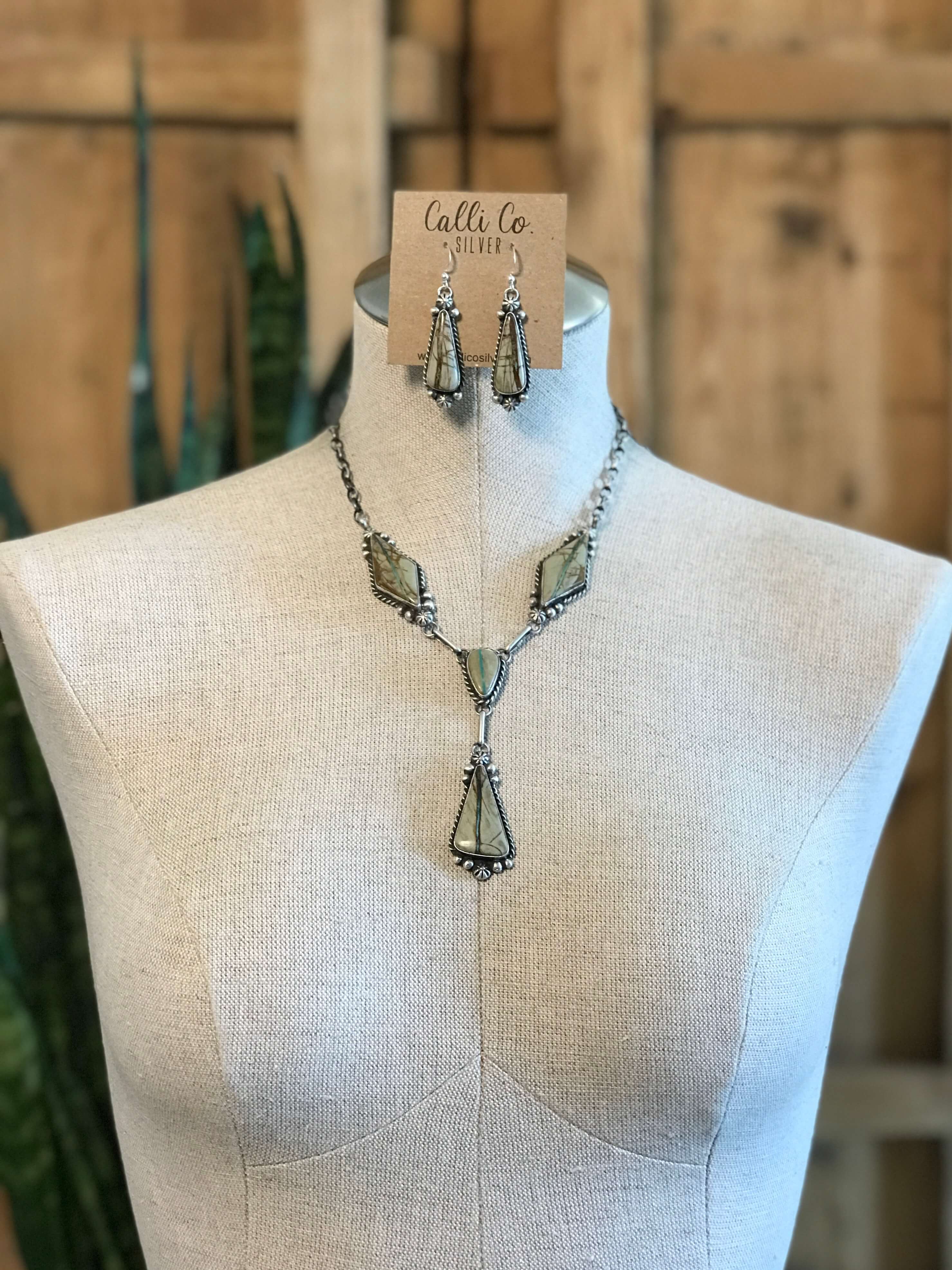 The Blaze Lariat Necklace Set-Necklaces-Calli Co., Turquoise and Silver Jewelry, Native American Handmade, Zuni Tribe, Navajo Tribe, Brock Texas