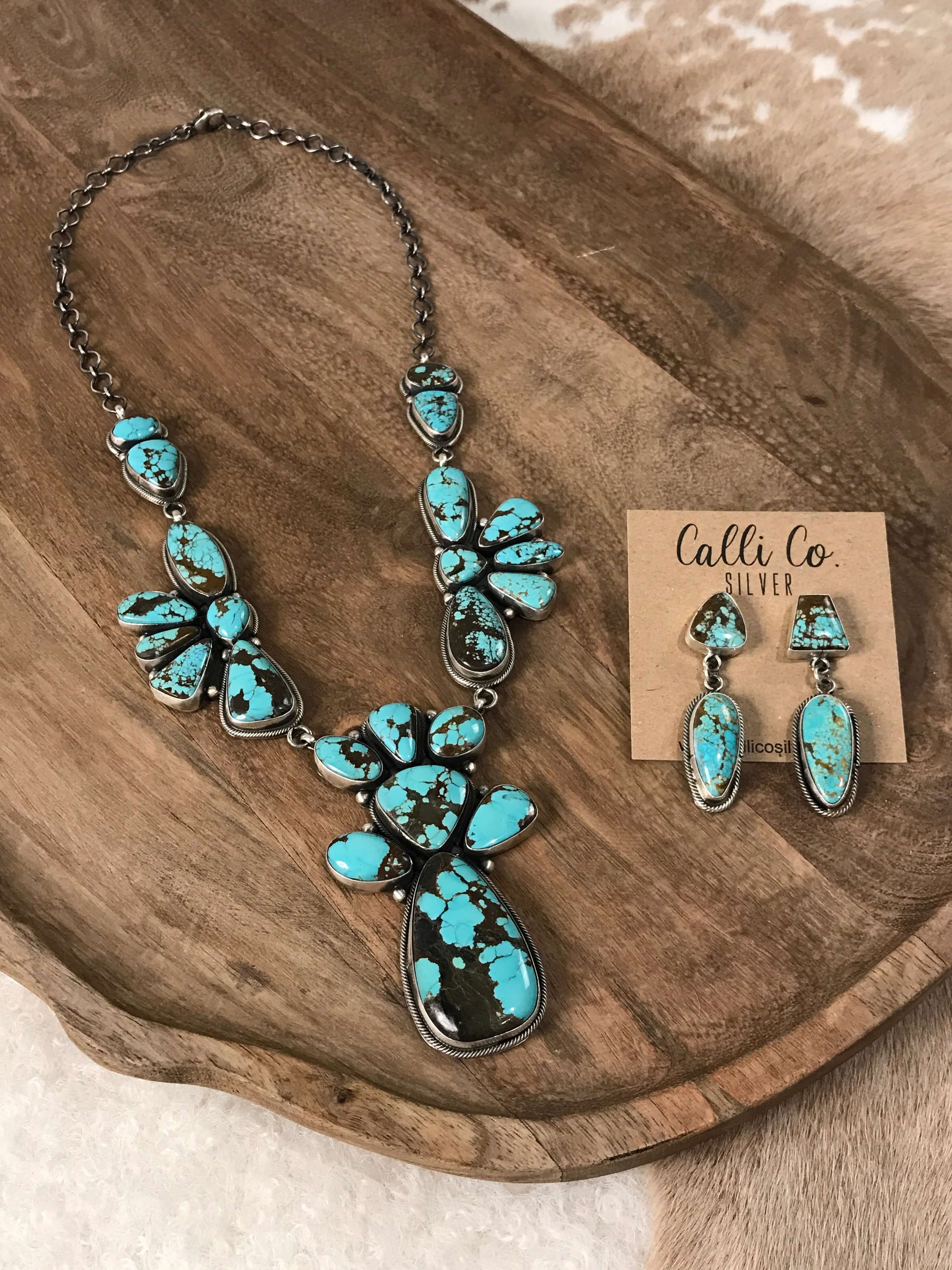 The Antigo Turquoise Statement Necklace Set-Necklaces-Calli Co., Turquoise and Silver Jewelry, Native American Handmade, Zuni Tribe, Navajo Tribe, Brock Texas