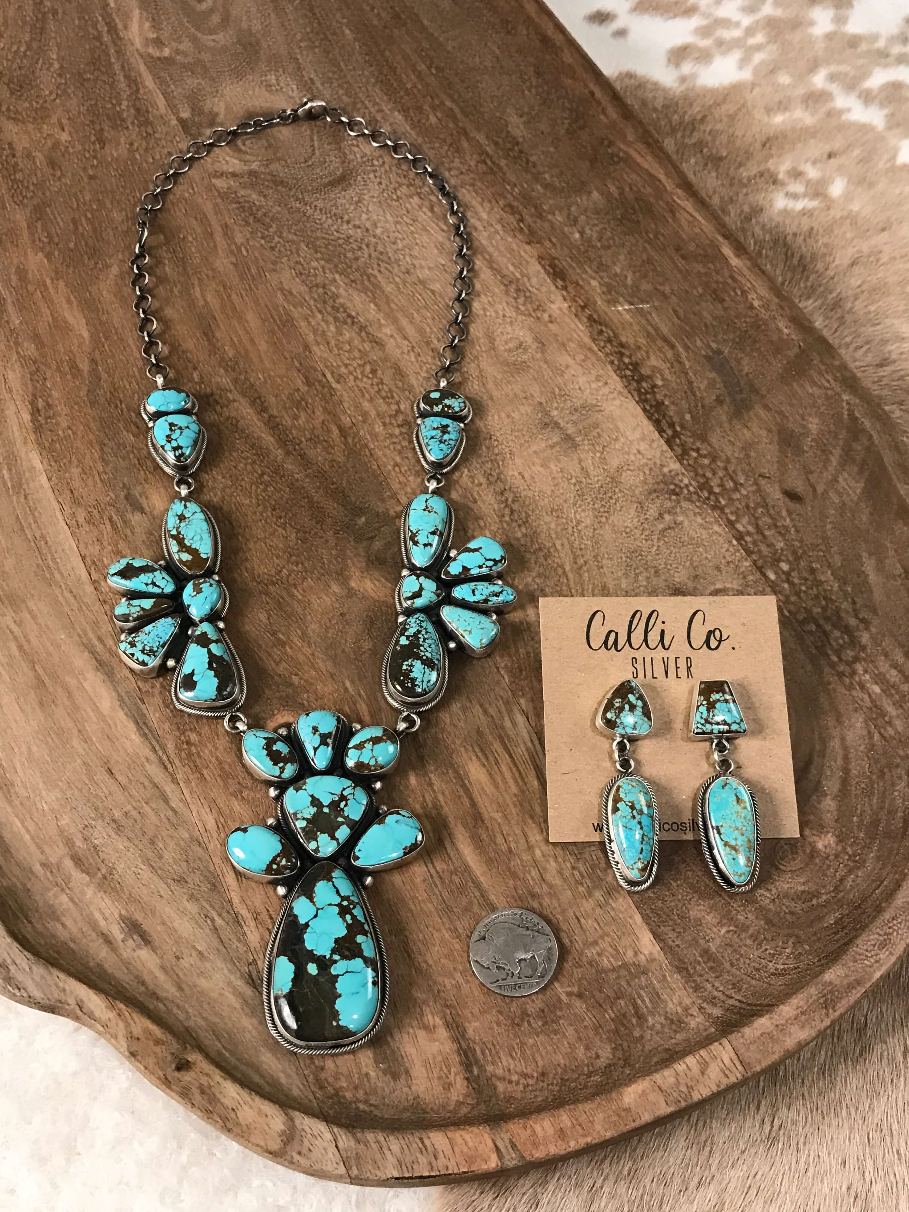 The Antigo Turquoise Statement Necklace Set-Necklaces-Calli Co., Turquoise and Silver Jewelry, Native American Handmade, Zuni Tribe, Navajo Tribe, Brock Texas