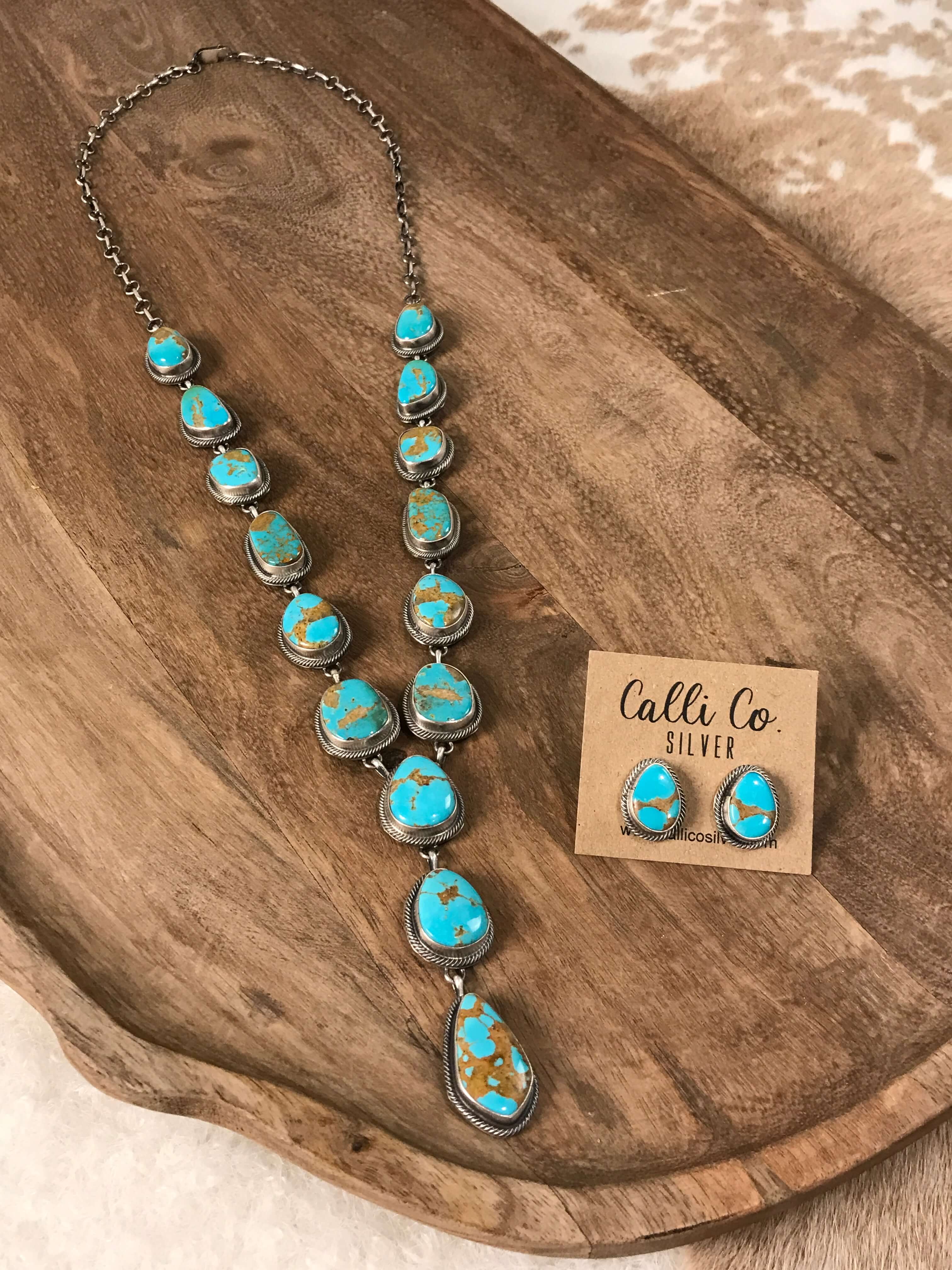 The Catarina Lariat Necklace Set-Necklaces-Calli Co., Turquoise and Silver Jewelry, Native American Handmade, Zuni Tribe, Navajo Tribe, Brock Texas