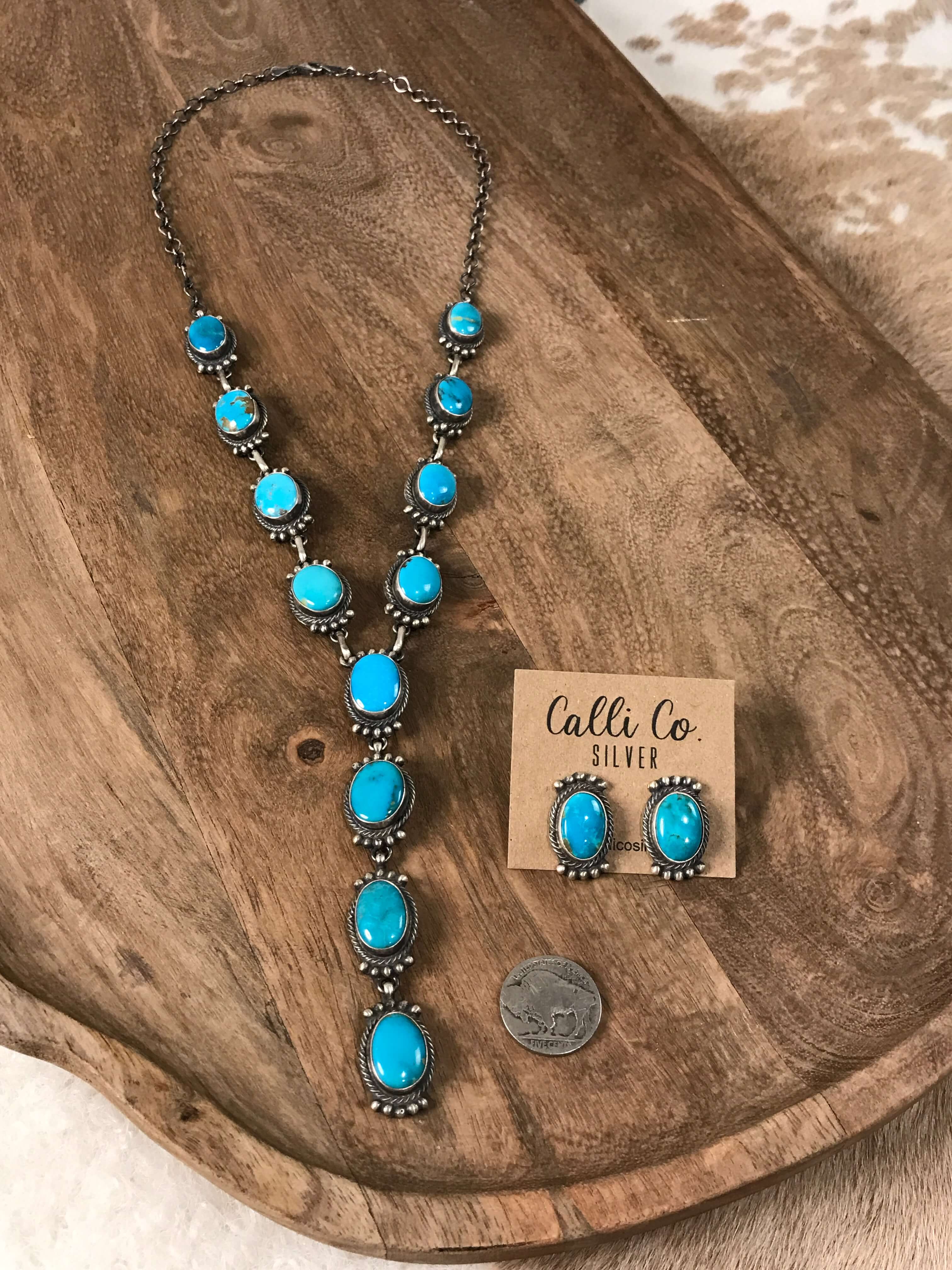 The Dayton Lariat Necklace Set-Necklaces-Calli Co., Turquoise and Silver Jewelry, Native American Handmade, Zuni Tribe, Navajo Tribe, Brock Texas