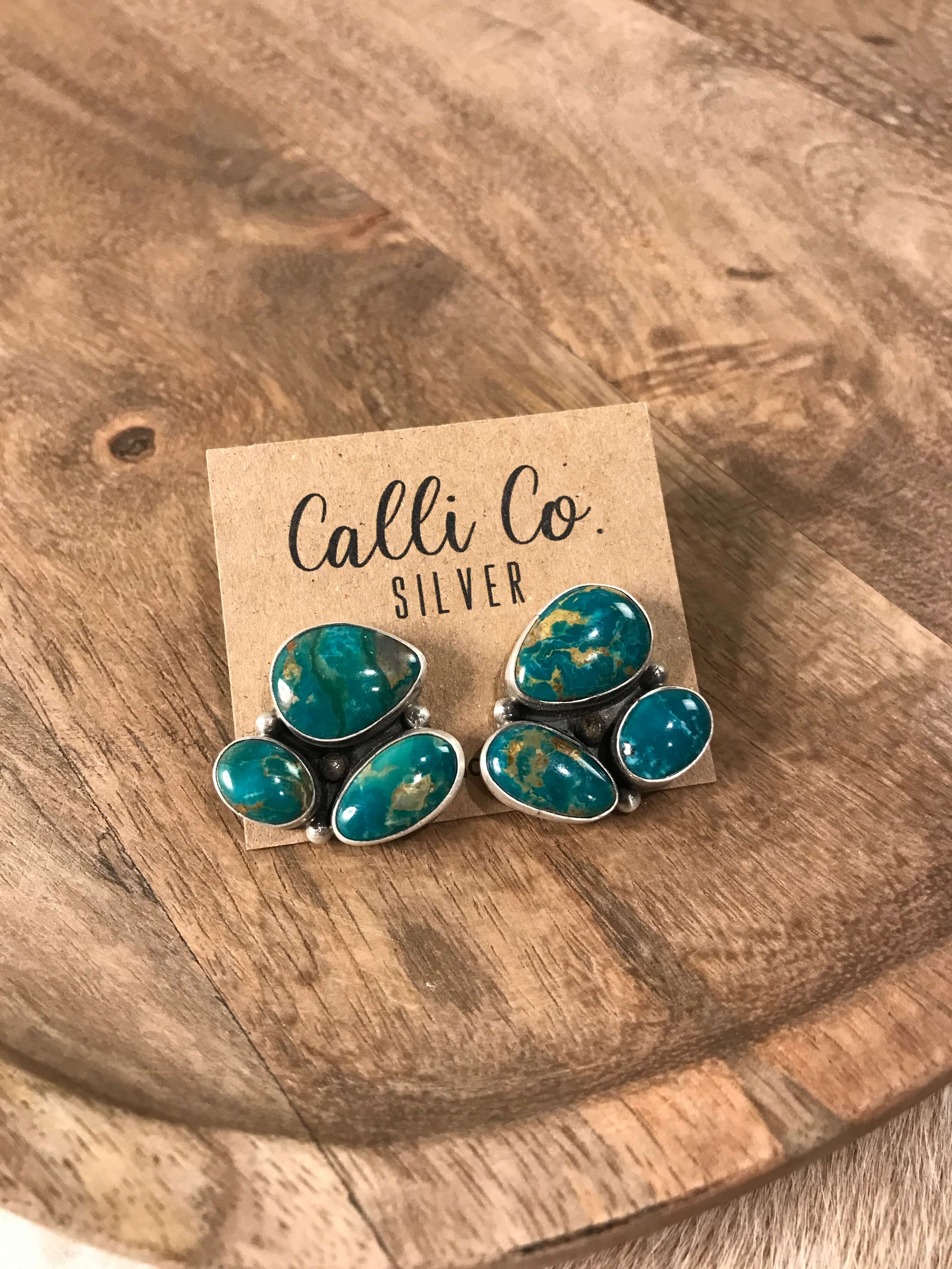 The Tempe Turquoise Cluster Earrings, 10-Earrings-Calli Co., Turquoise and Silver Jewelry, Native American Handmade, Zuni Tribe, Navajo Tribe, Brock Texas