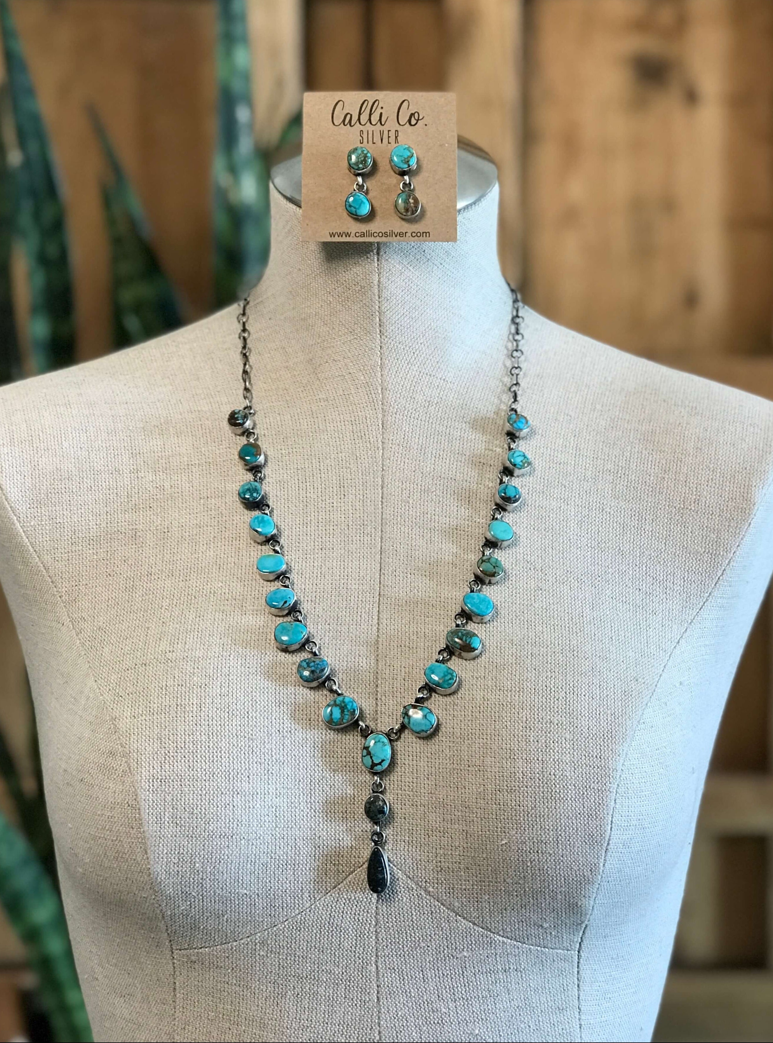 The Beau Turquoise Lariat Necklace Set-Necklaces-Calli Co., Turquoise and Silver Jewelry, Native American Handmade, Zuni Tribe, Navajo Tribe, Brock Texas