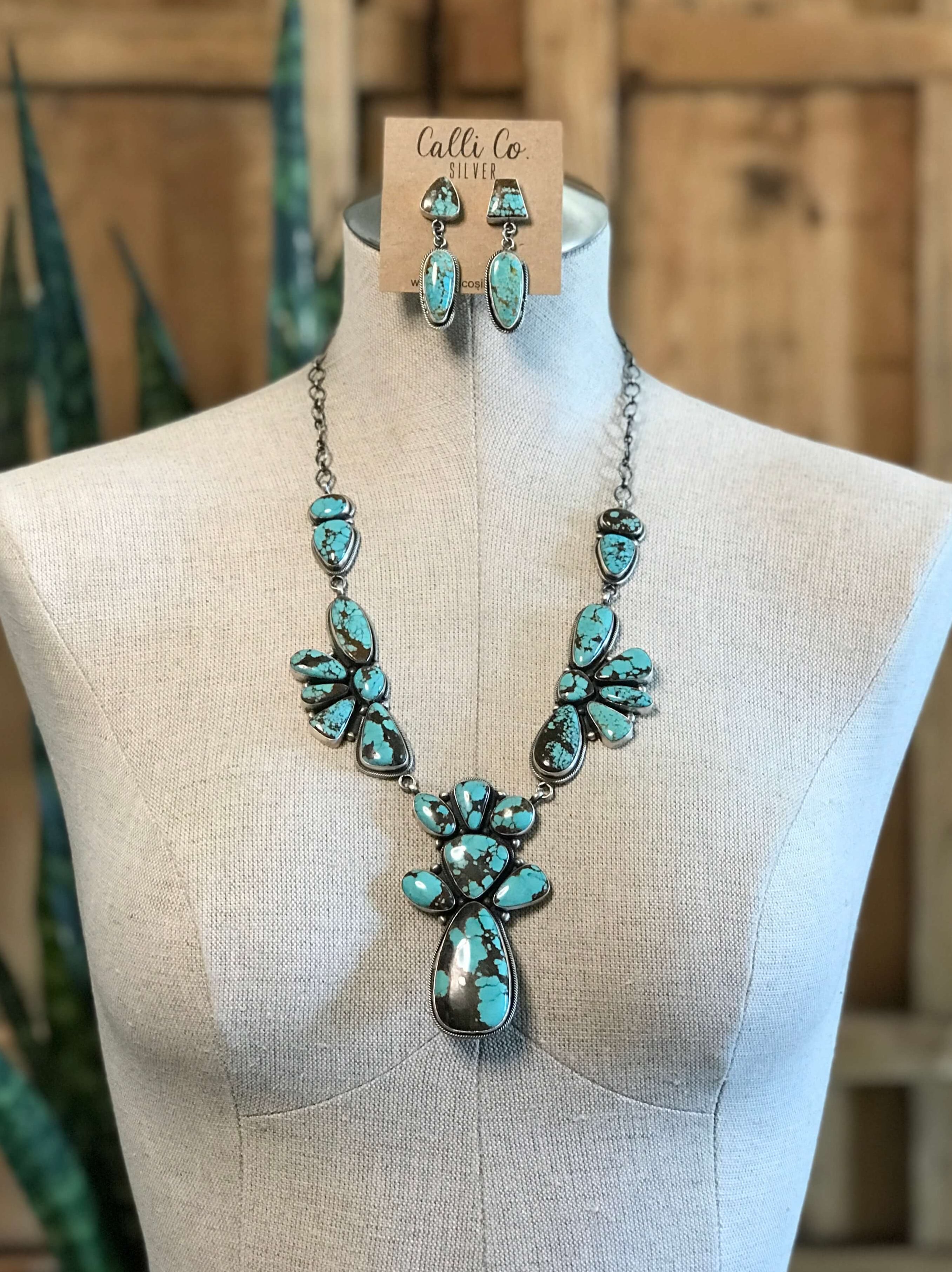 The Antigo Turquoise Statement Necklace Set-Necklaces-Calli Co., Turquoise and Silver Jewelry, Native American Handmade, Zuni Tribe, Navajo Tribe, Brock Texas