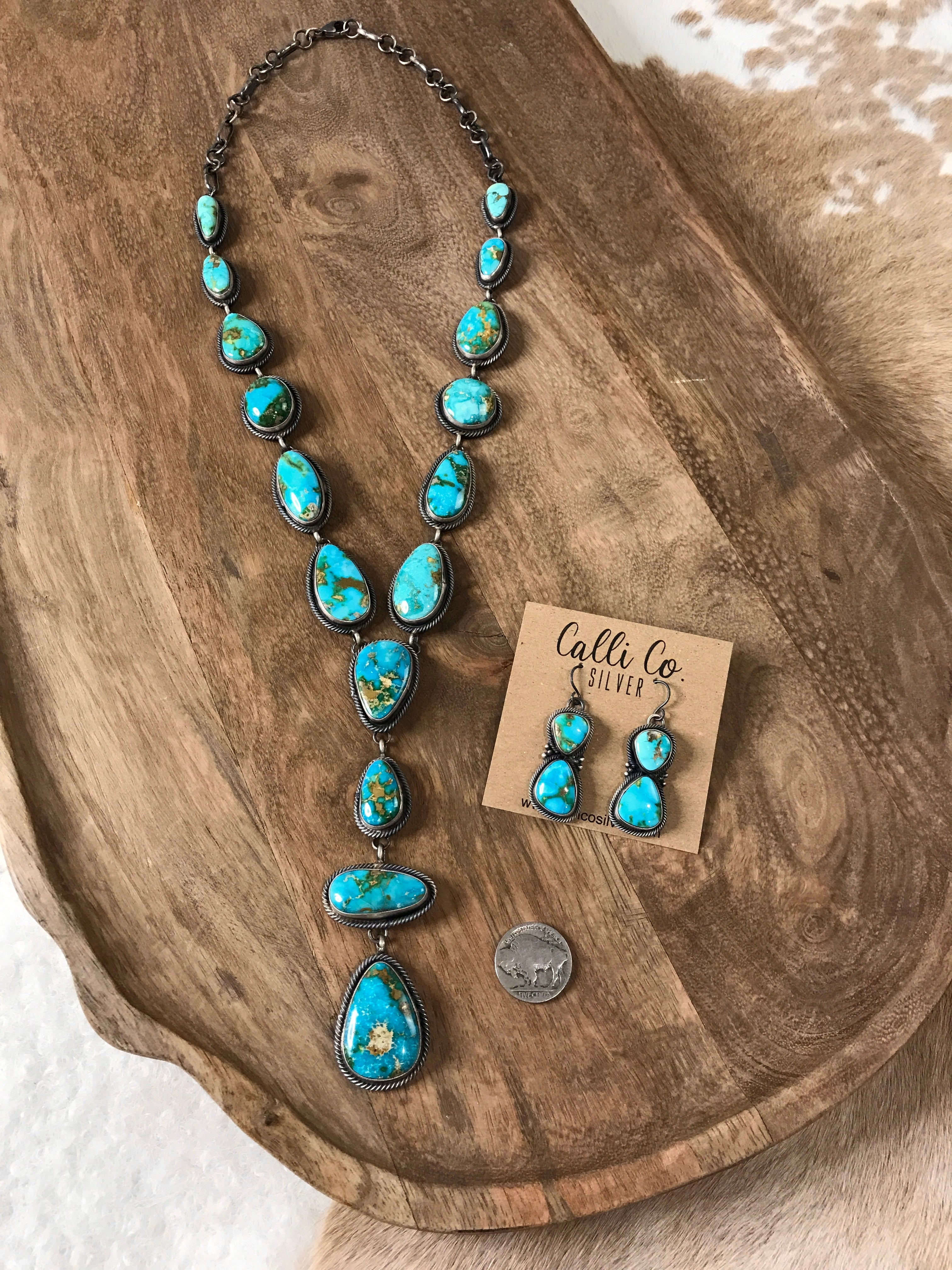 The Roper Turquoise Lariat Necklace Set-Necklaces-Calli Co., Turquoise and Silver Jewelry, Native American Handmade, Zuni Tribe, Navajo Tribe, Brock Texas