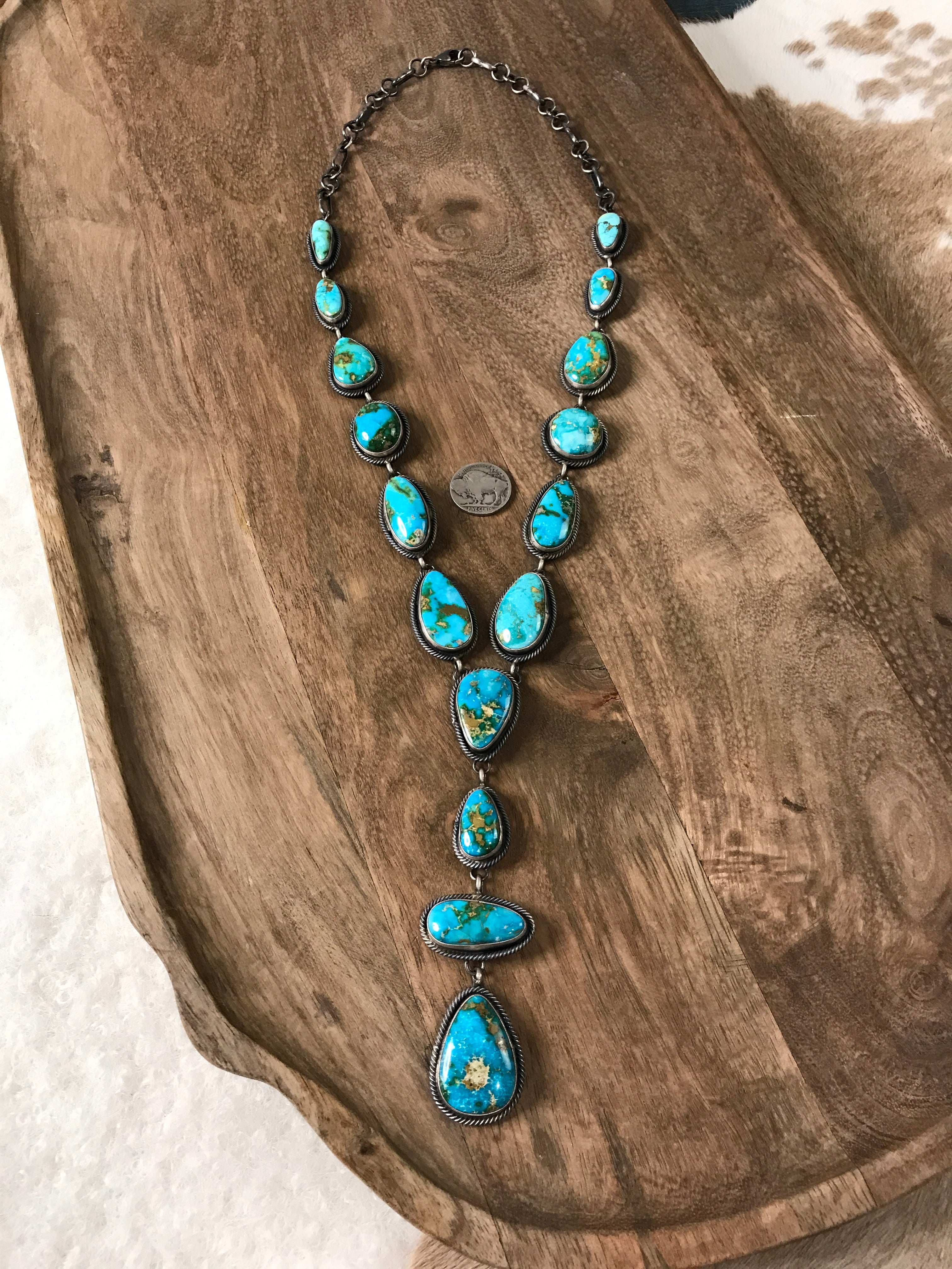 The Roper Turquoise Lariat Necklace Set-Necklaces-Calli Co., Turquoise and Silver Jewelry, Native American Handmade, Zuni Tribe, Navajo Tribe, Brock Texas