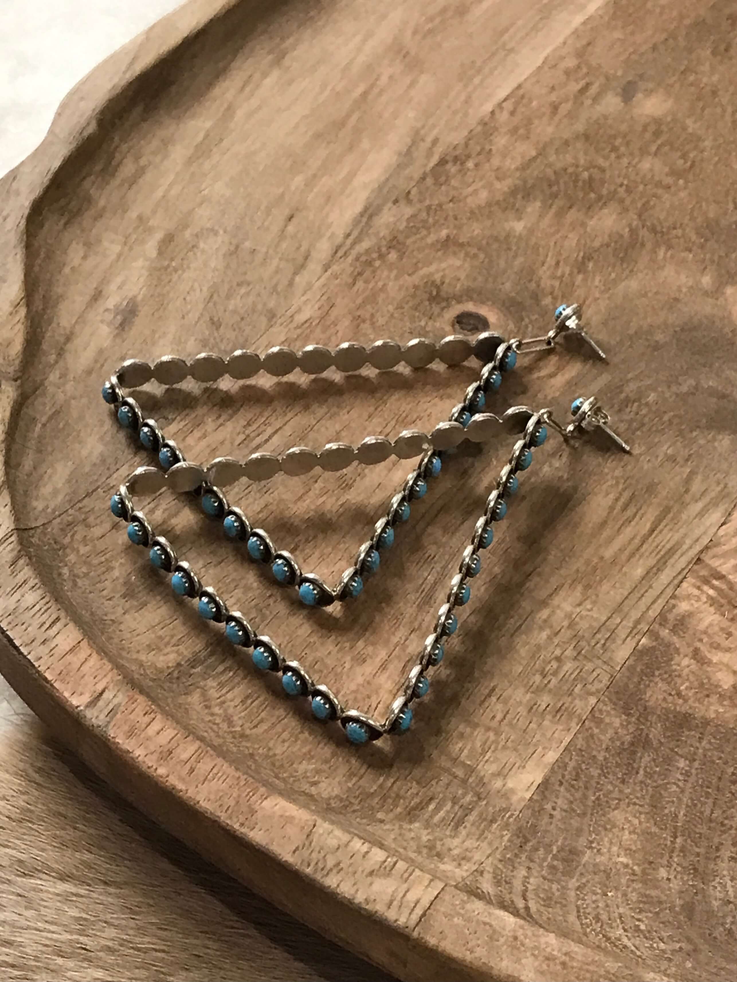 The Colossal Petit Point Triangle Hoop Earrings-Earrings-Calli Co., Turquoise and Silver Jewelry, Native American Handmade, Zuni Tribe, Navajo Tribe, Brock Texas