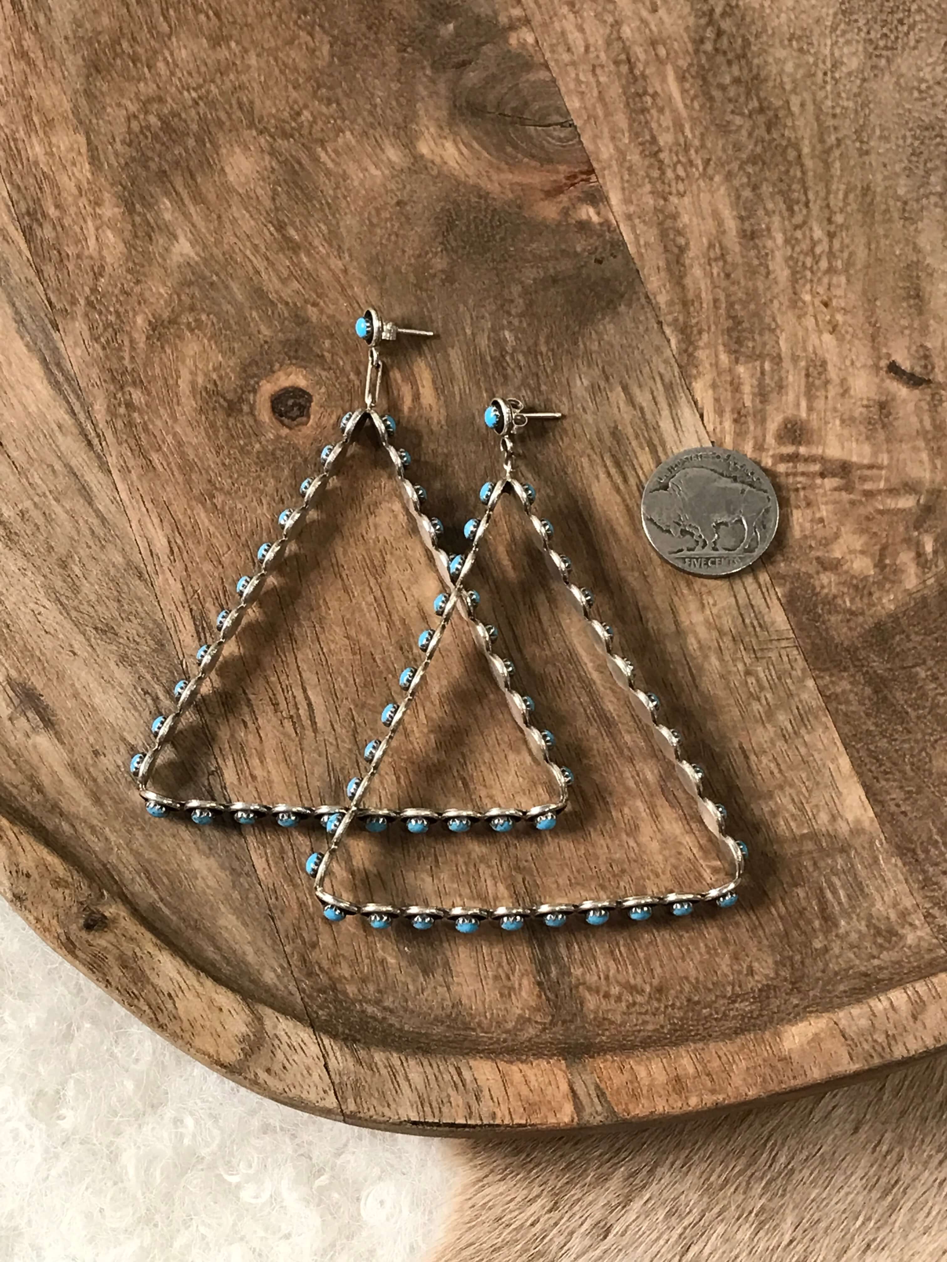 The Colossal Petit Point Triangle Hoop Earrings-Earrings-Calli Co., Turquoise and Silver Jewelry, Native American Handmade, Zuni Tribe, Navajo Tribe, Brock Texas