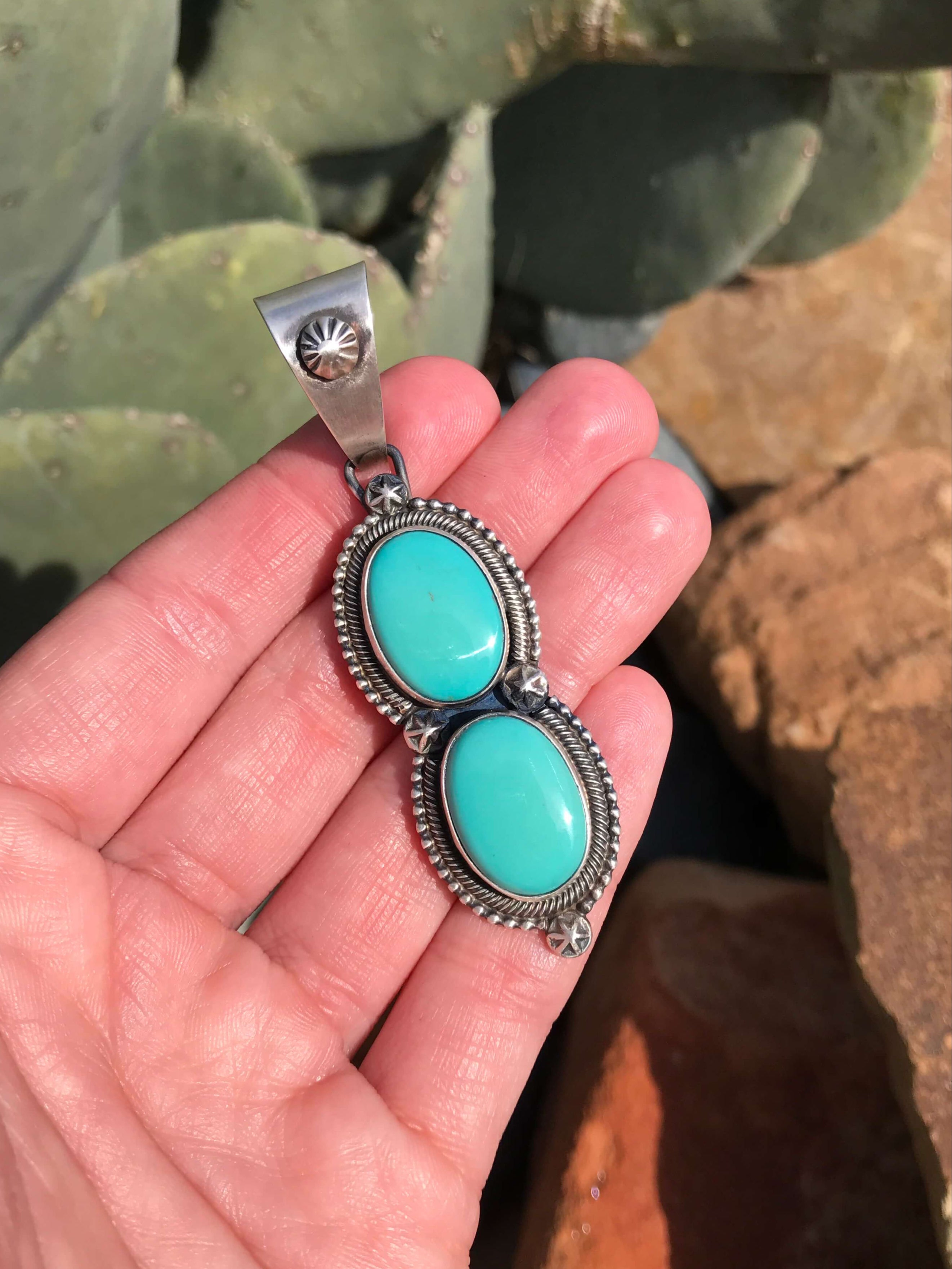 The Double Stone Turquoise Pendant, 1-Pendants-Calli Co., Turquoise and Silver Jewelry, Native American Handmade, Zuni Tribe, Navajo Tribe, Brock Texas