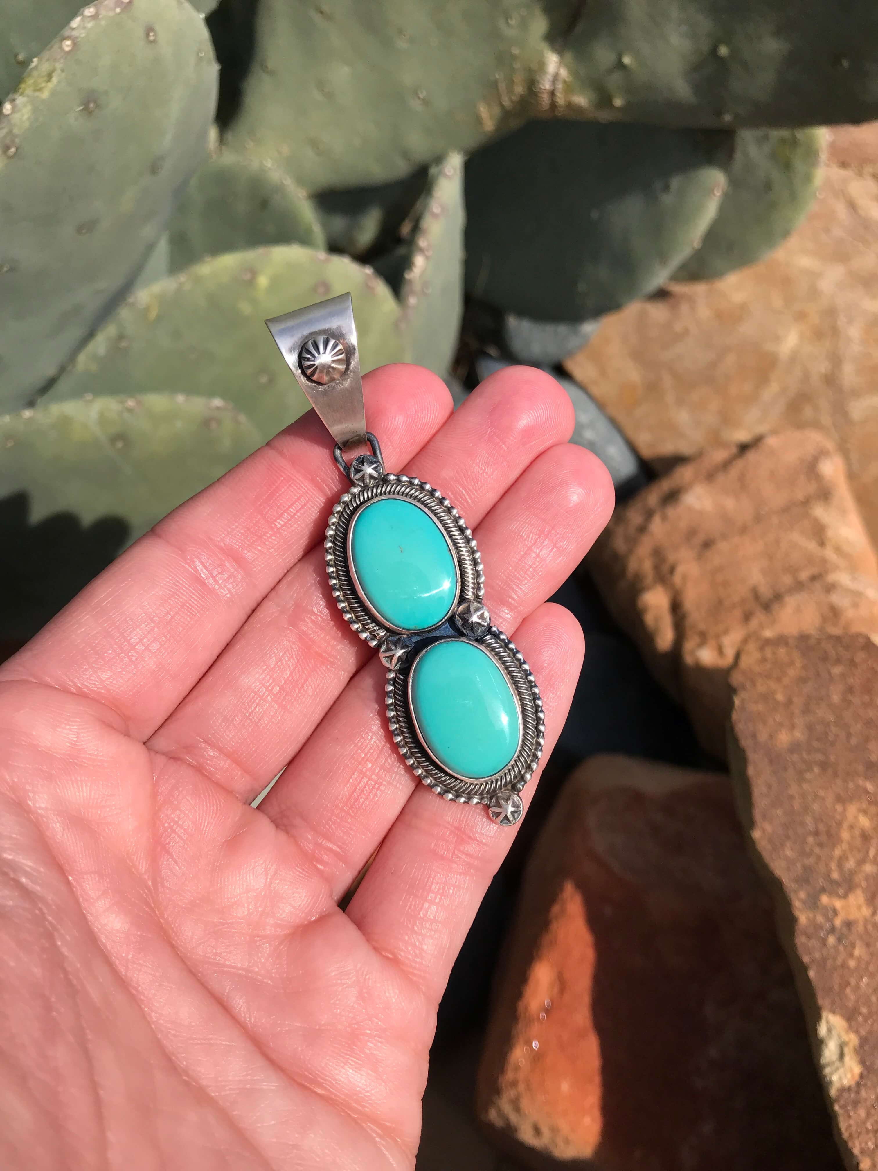 The Double Stone Turquoise Pendant, 1-Pendants-Calli Co., Turquoise and Silver Jewelry, Native American Handmade, Zuni Tribe, Navajo Tribe, Brock Texas