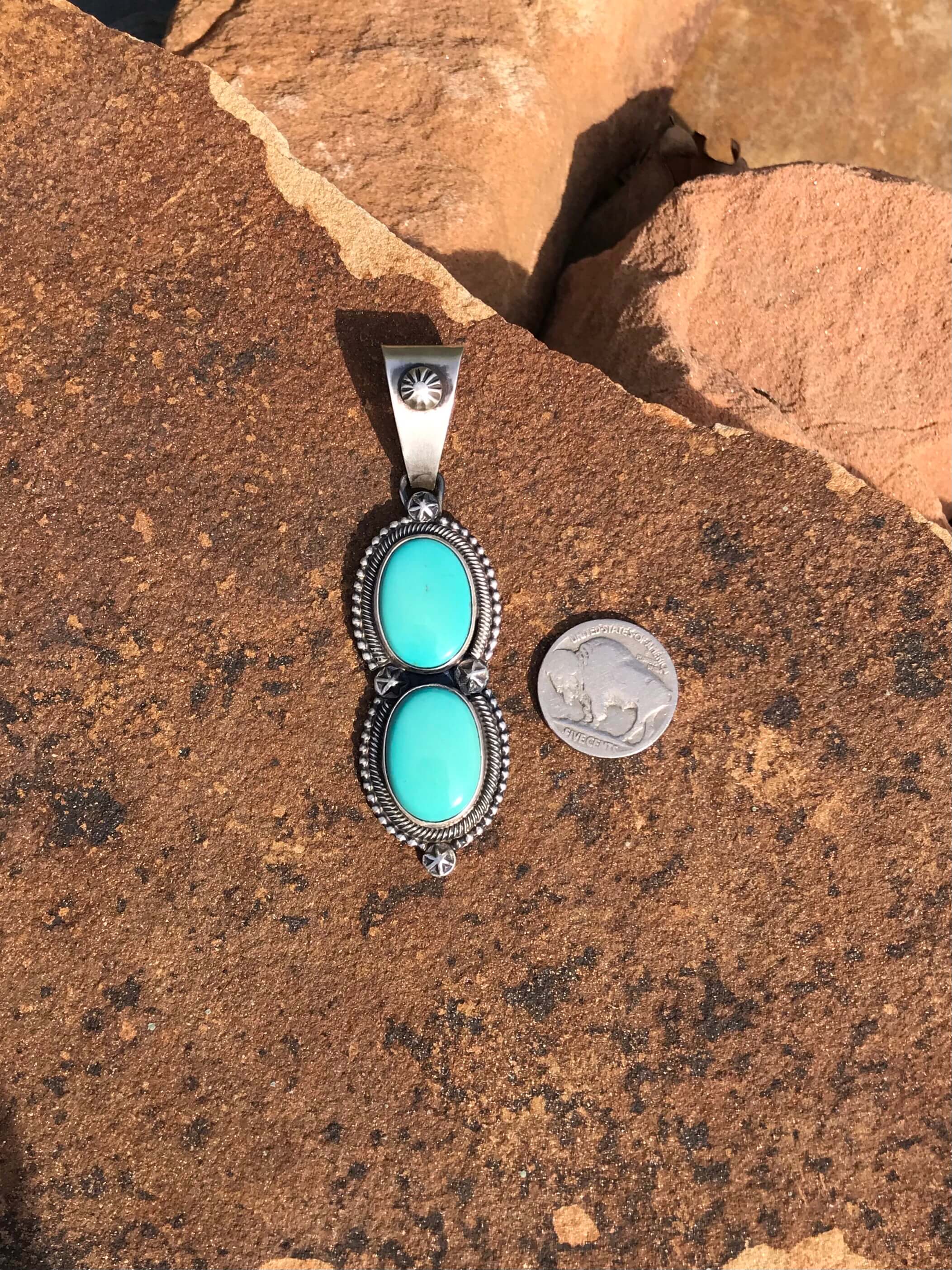 The Double Stone Turquoise Pendant, 1-Pendants-Calli Co., Turquoise and Silver Jewelry, Native American Handmade, Zuni Tribe, Navajo Tribe, Brock Texas