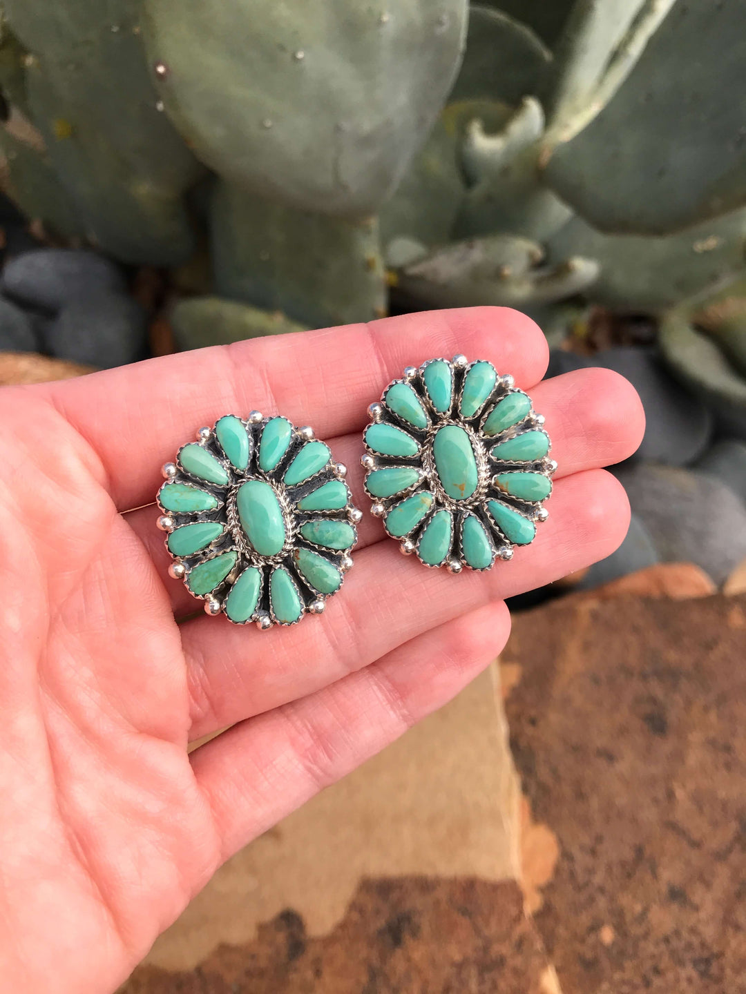Front View. The Western Skies Earrings, 7-Earrings-Calli Co., Turquoise and Silver Jewelry, Native American Handmade, Zuni Tribe, Navajo Tribe, Brock Texas