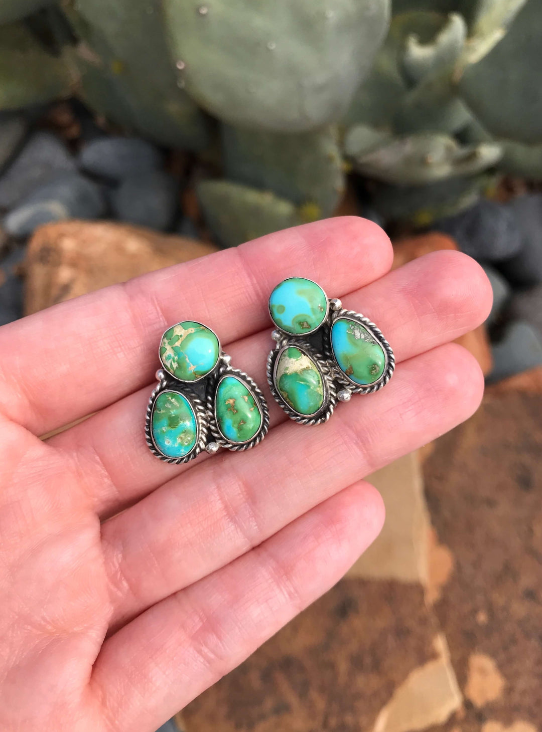 Front View. The Journey West Earrings, 4-Earrings-Calli Co., Turquoise and Silver Jewelry, Native American Handmade, Zuni Tribe, Navajo Tribe, Brock Texas