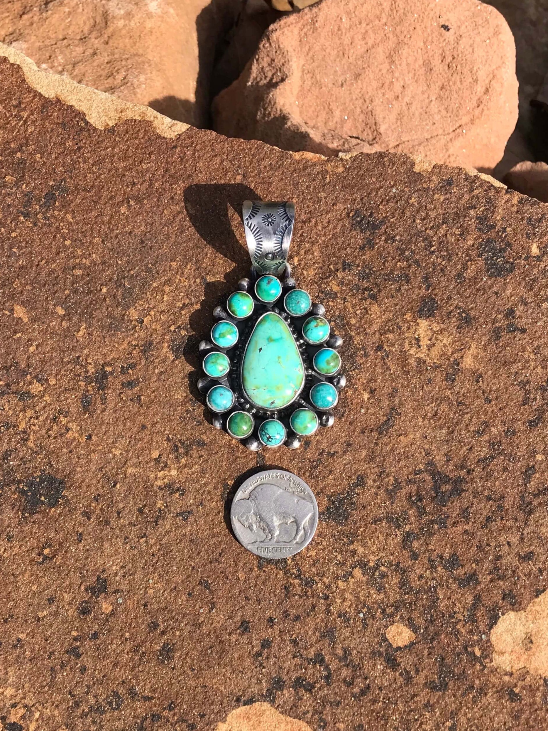 The Enax Turquoise Pendant-Pendants-Calli Co., Turquoise and Silver Jewelry, Native American Handmade, Zuni Tribe, Navajo Tribe, Brock Texas